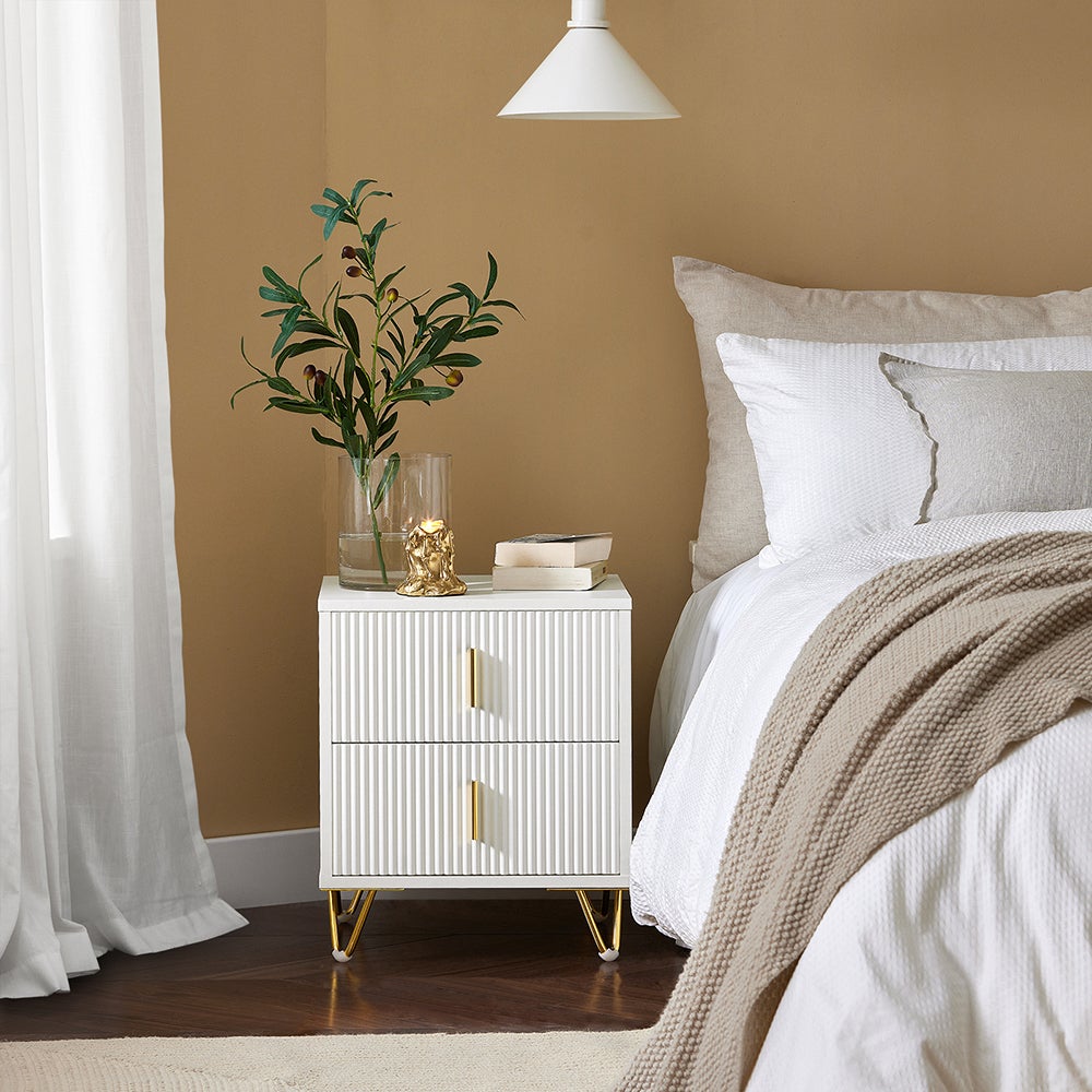 SoBuy Table de chevet avec 2 tiroirs et pieds métal doré, table de nuit moderne pour chambre et salon, blanc 40x40x47 cm - 8