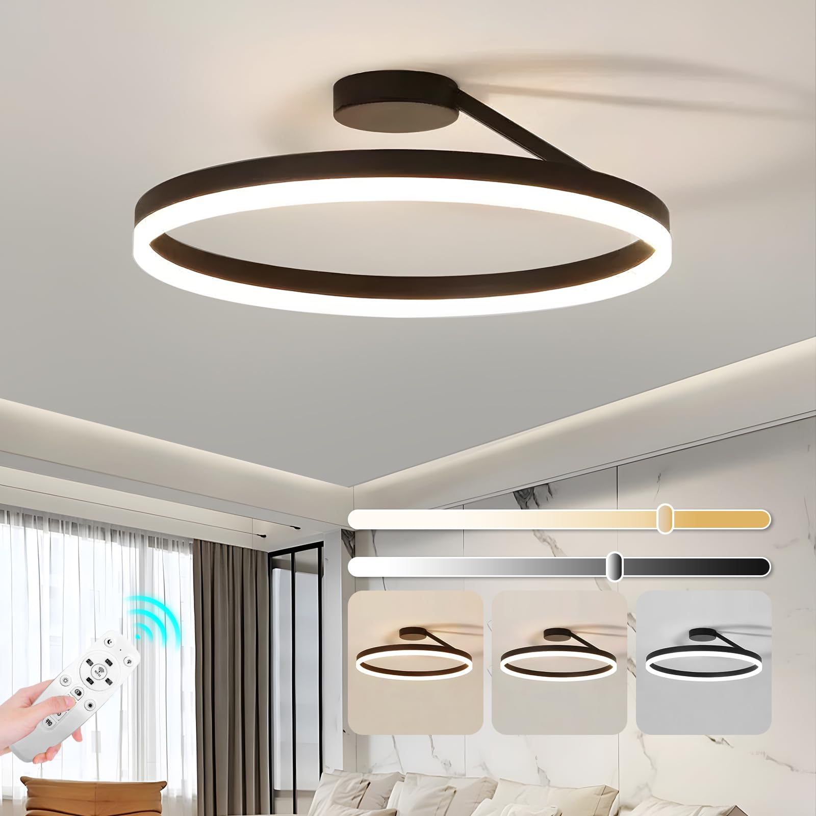 Ściemniana lampa sufitowa LED z pilotem, nowoczesny żyrandol LED, okrągła lampa sufitowa wpuszczana 30 cm, temperatura barwowa 3 kolory