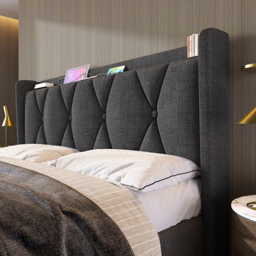 Lit coffre lit 160x200 cm Lit rembourré lit double avec Tête de Lit USB, 4 Tiroirs de Rangement et Sommier à Lattes Bois - lin -Gris - 8