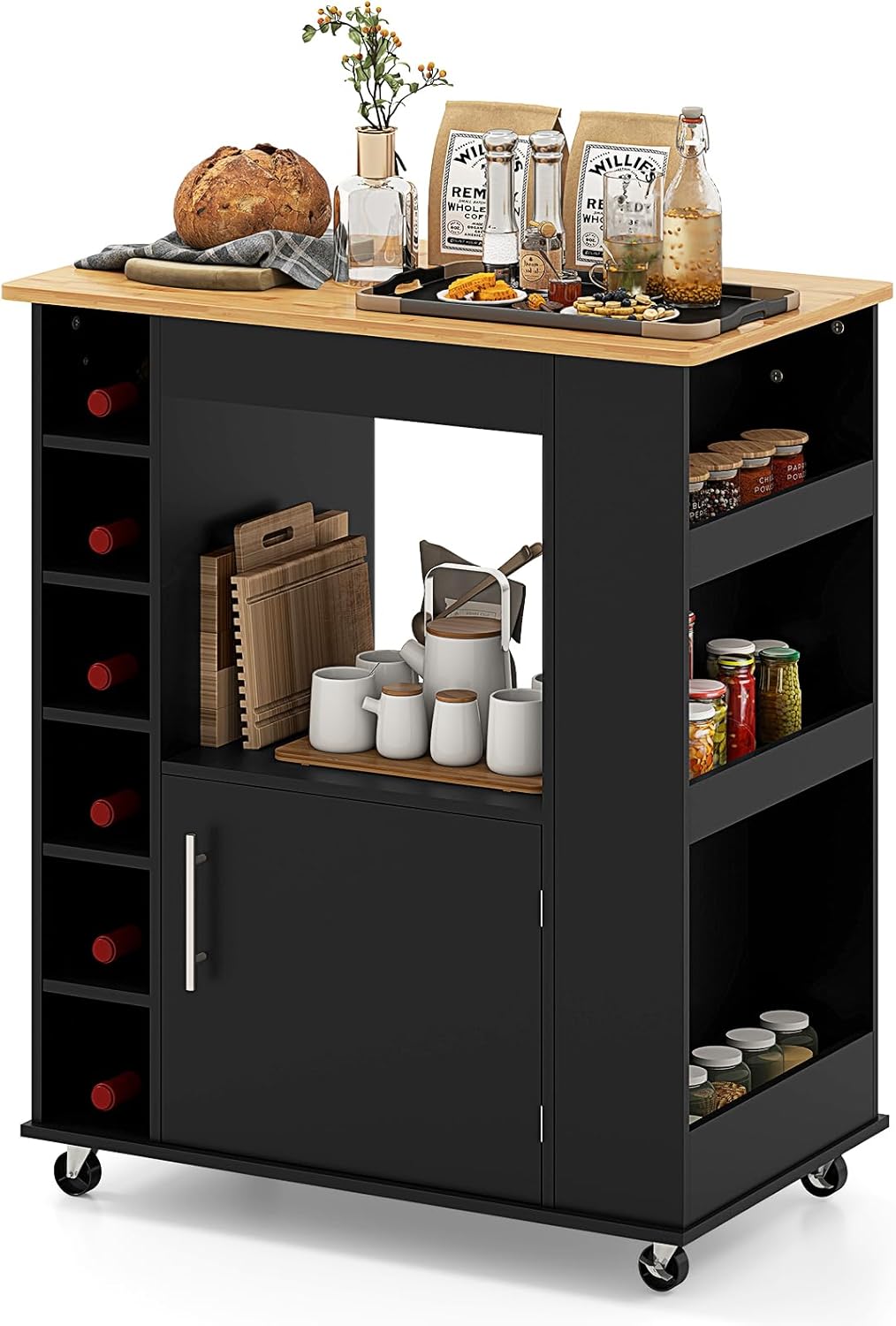 Wózek kuchenny na kółkach, wózek do serwowania z blatem roboczym,stojak na wino na 6 butelek, do baru kuchennego i jadalnianego (czarny)