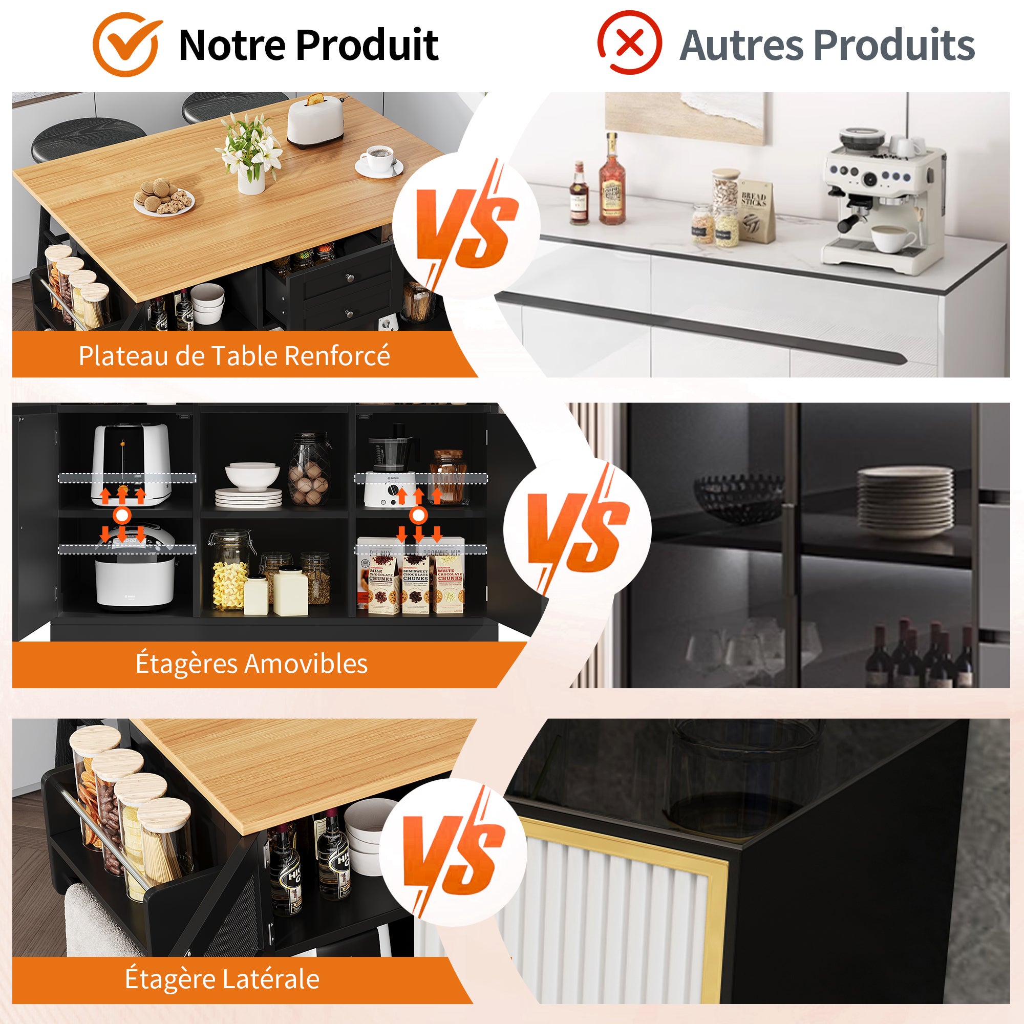 ilot Central Cuisine sur roulettes avec 2 tiroirs, Table à Manger Extensible avec porte-serviettes latéral(Noir, 140x40-70x93,5cm) - 3