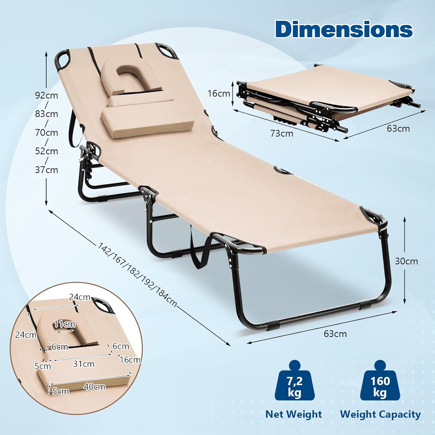 Cadeira de Sol Dobrável,Cadeira Comprida,3 Apoios de Cabeça Removíveis,Cadeira de Praia Reclinável,Encosto Regulável em 5 Posições,63x194x37cm,Bege - 3