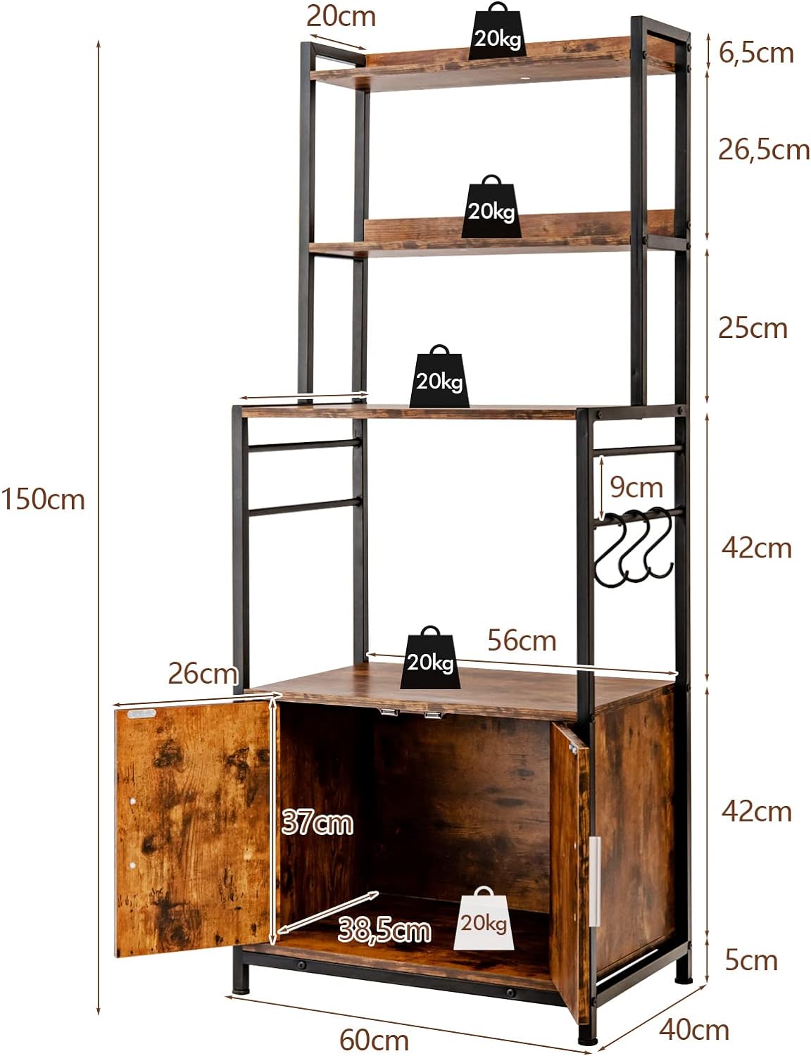 Mobile Portaoggetti Da Cucina 3 Ripiani Regolabile – Supporto Per Microonde, Forno E Utensili, In Acciaio Carbonio 25 Kg Per Ripiano