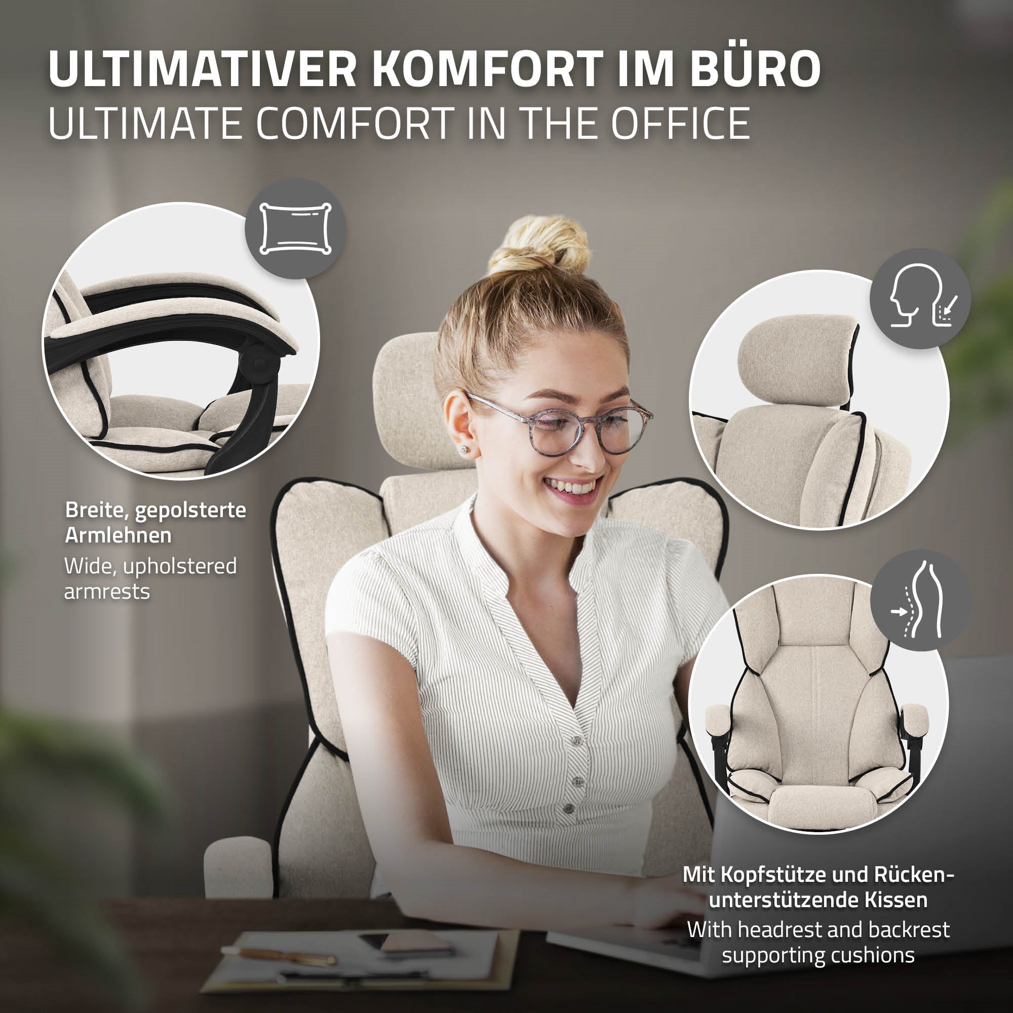 ML-Design chaise de bureau ergonomique, beige, chaise de bureau réglable en hauteur avec dossier haut, chaise pivotante avec repose-pieds - 3