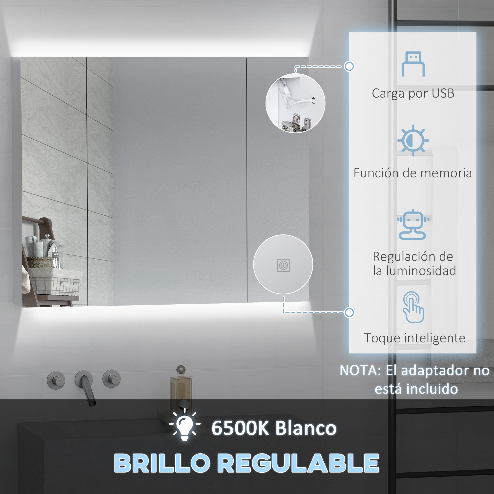 Armario de Baño con Espejo Luces LED Estantes Ajustables y USB Estilo Moderno 90x15x75 cm Blanco - 5