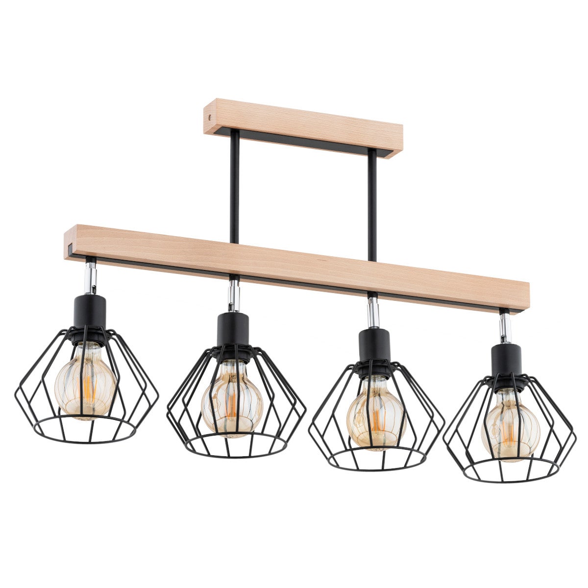 Lampa sufitowa wisząca Pilar jasne drewno-czarna-chromowana 4xE27x15W nad stół wym: 46 x 80 x 18 cm metal Alfa