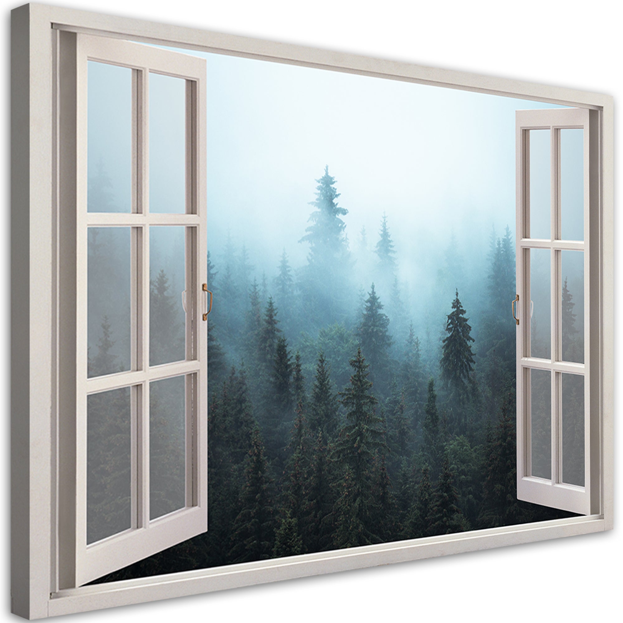 Obraz na płótnie, Okno widok Las we mgle natura 120x80