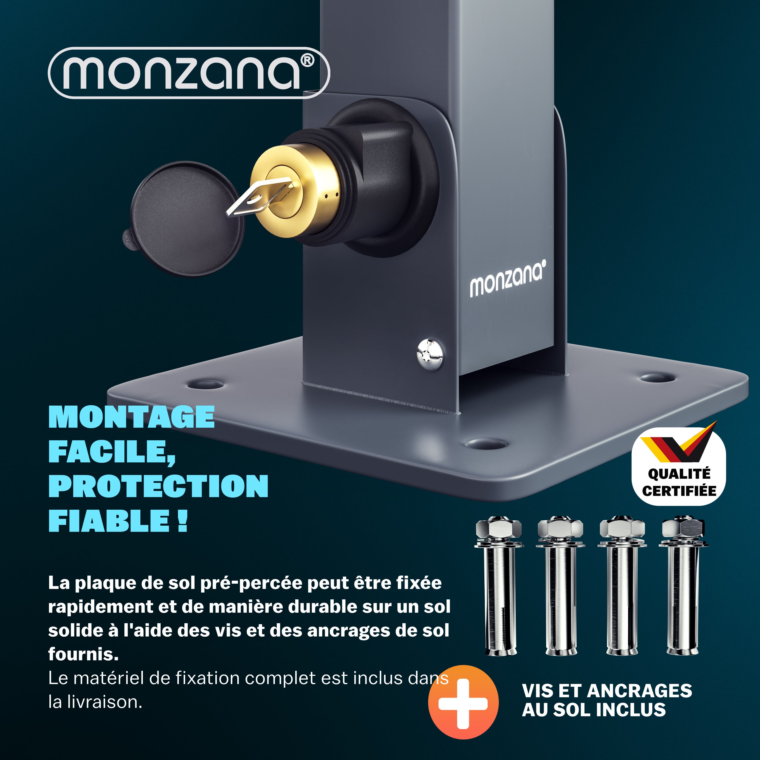 MONZANA® Barrière de parking rabattable en acier forme arc plaque de sol barrière stationnement serrure 2 clés arceau de parking - 3