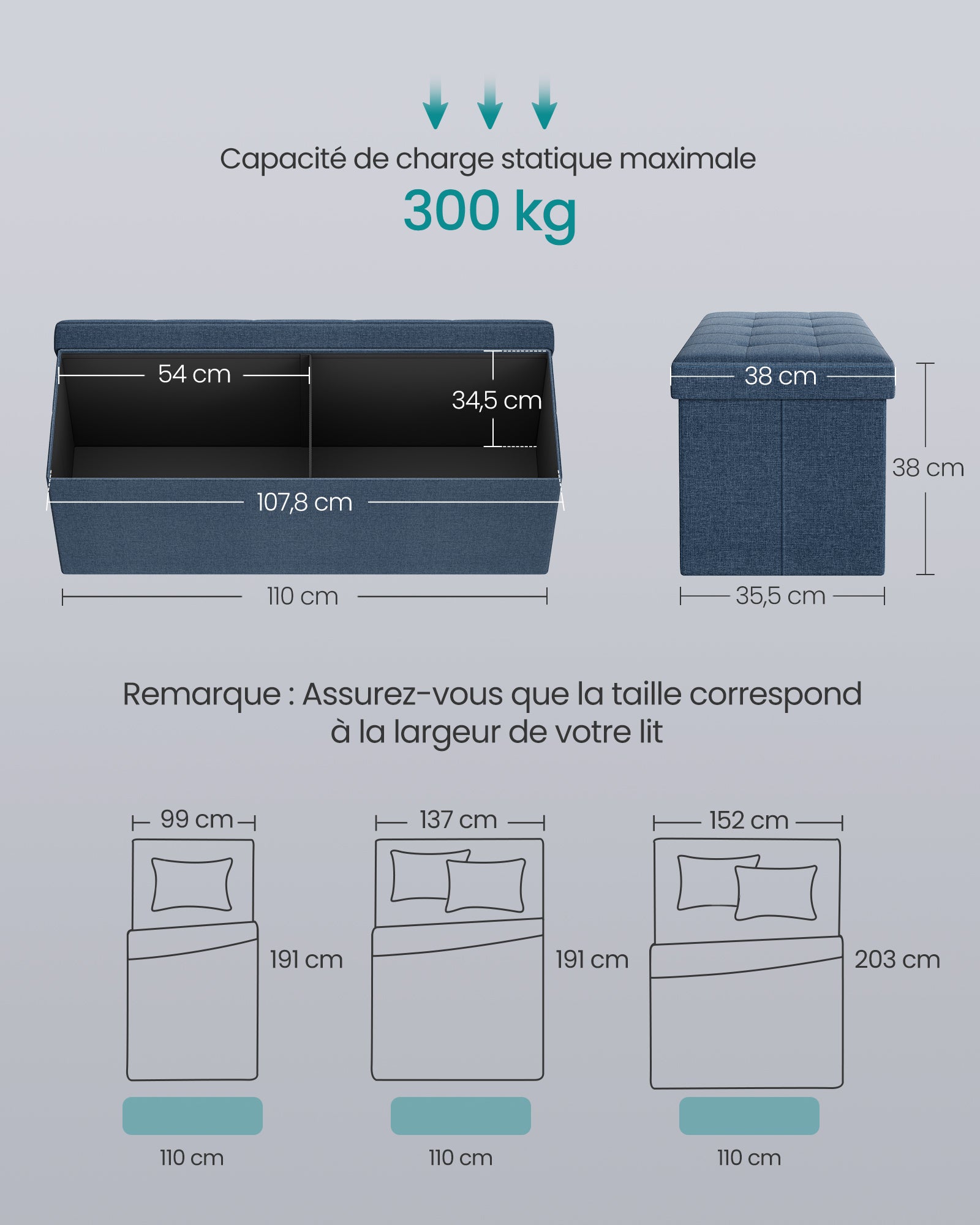 Banc de Rangement Pliable de 110 cm, Coffre de Rangement, Tabouret Repose-Pieds, Pouf de Chambre, Bleu Nuit - 5