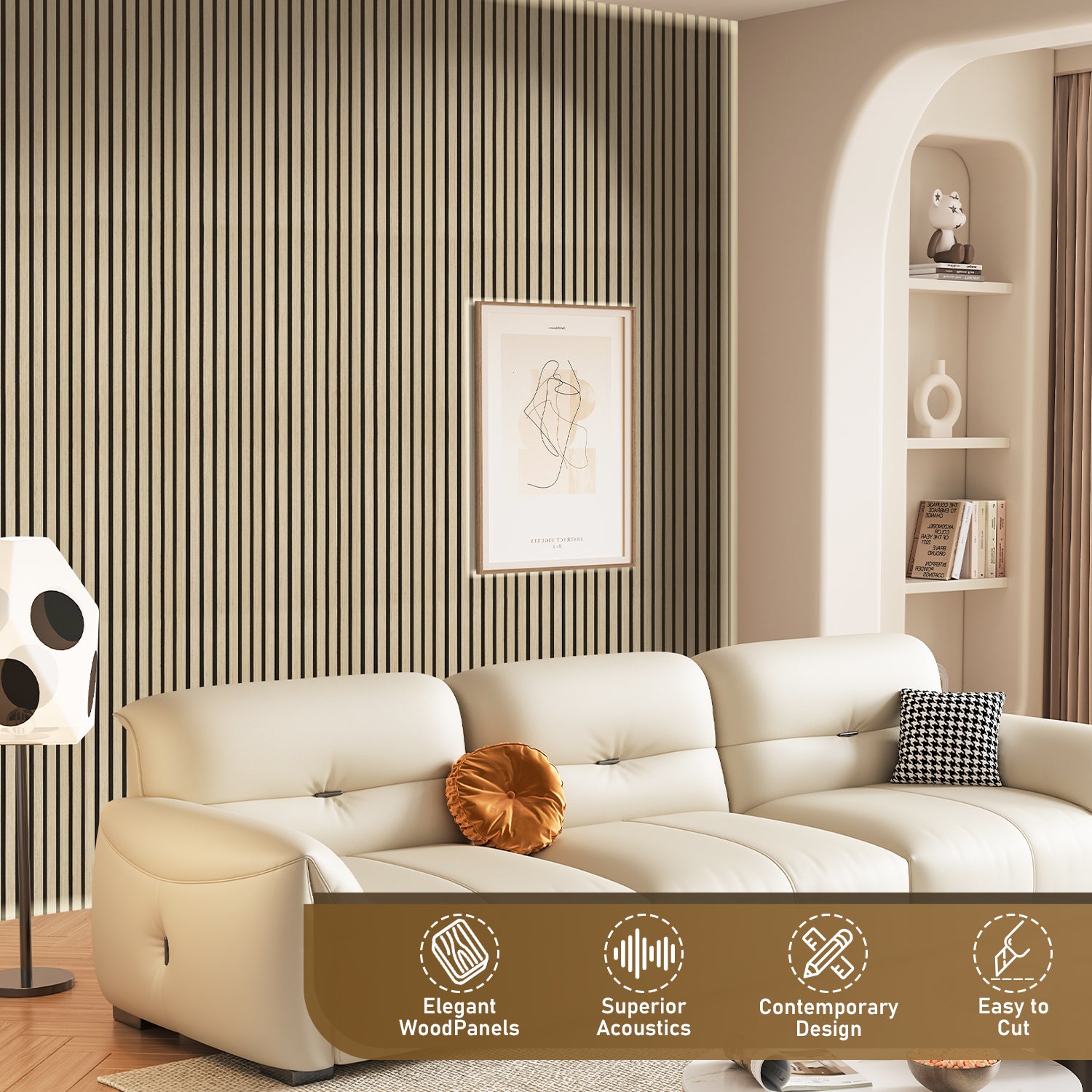 Panel moldeado Revestimiento de pared natural Panel acústico de pared moderno de MDF chapado en madera y fieltro 1x 120x60x2.1cm Madera - 4