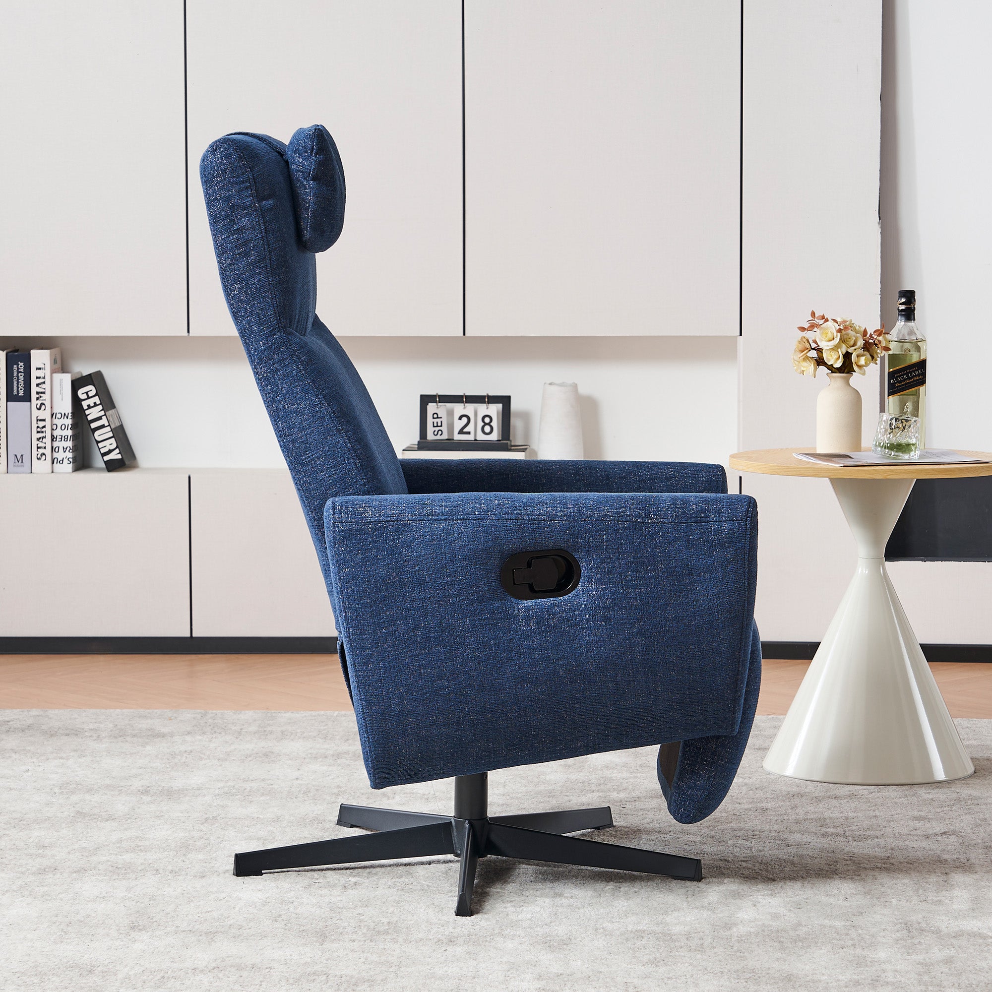 Fauteuil relax bleu avec repose-pieds, inclinable, pivotant 360°, fauteuil TV et lounge pour salon moderne - 8