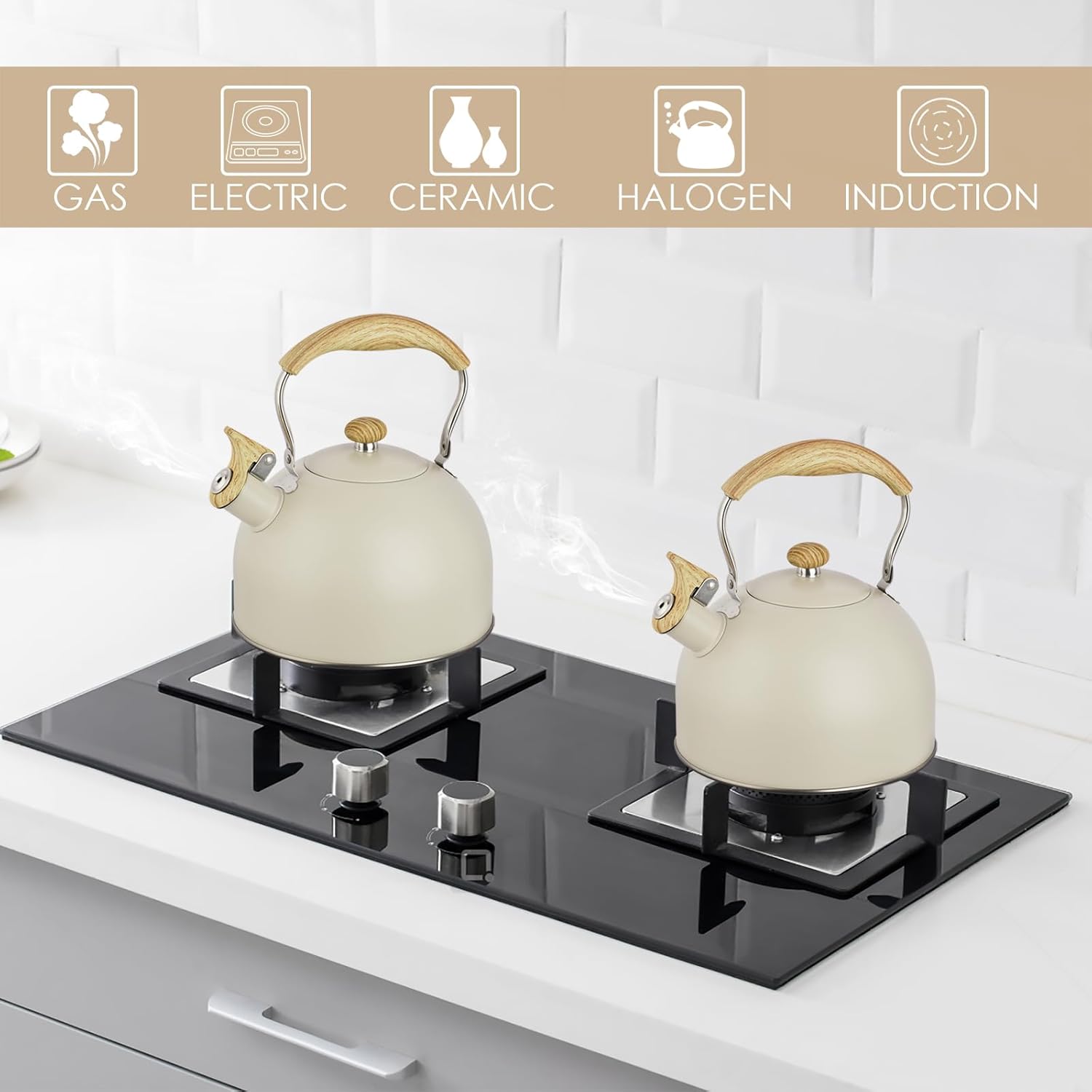 Bouilloire sifflante en acier inoxydable de 2,5 L avec poignée en bois, compatible avec cuisinière à gaz et à induction (beige) - 5