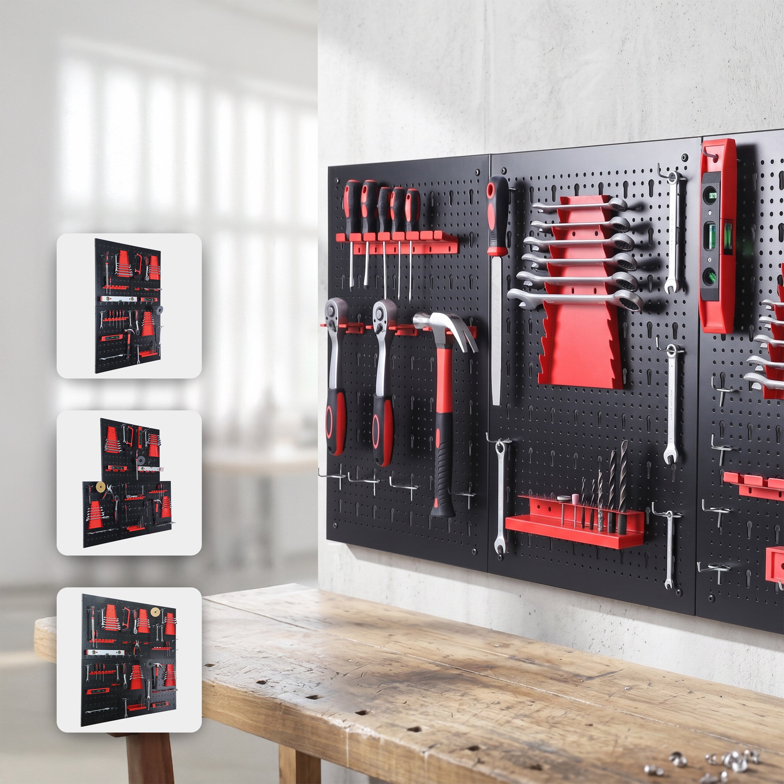 Panneau porte-outils 6 panneaux perforés, 58 accessoires, HxL 60x40 cm, métal, pour atelier, noir/rouge, Relaxdays - 3