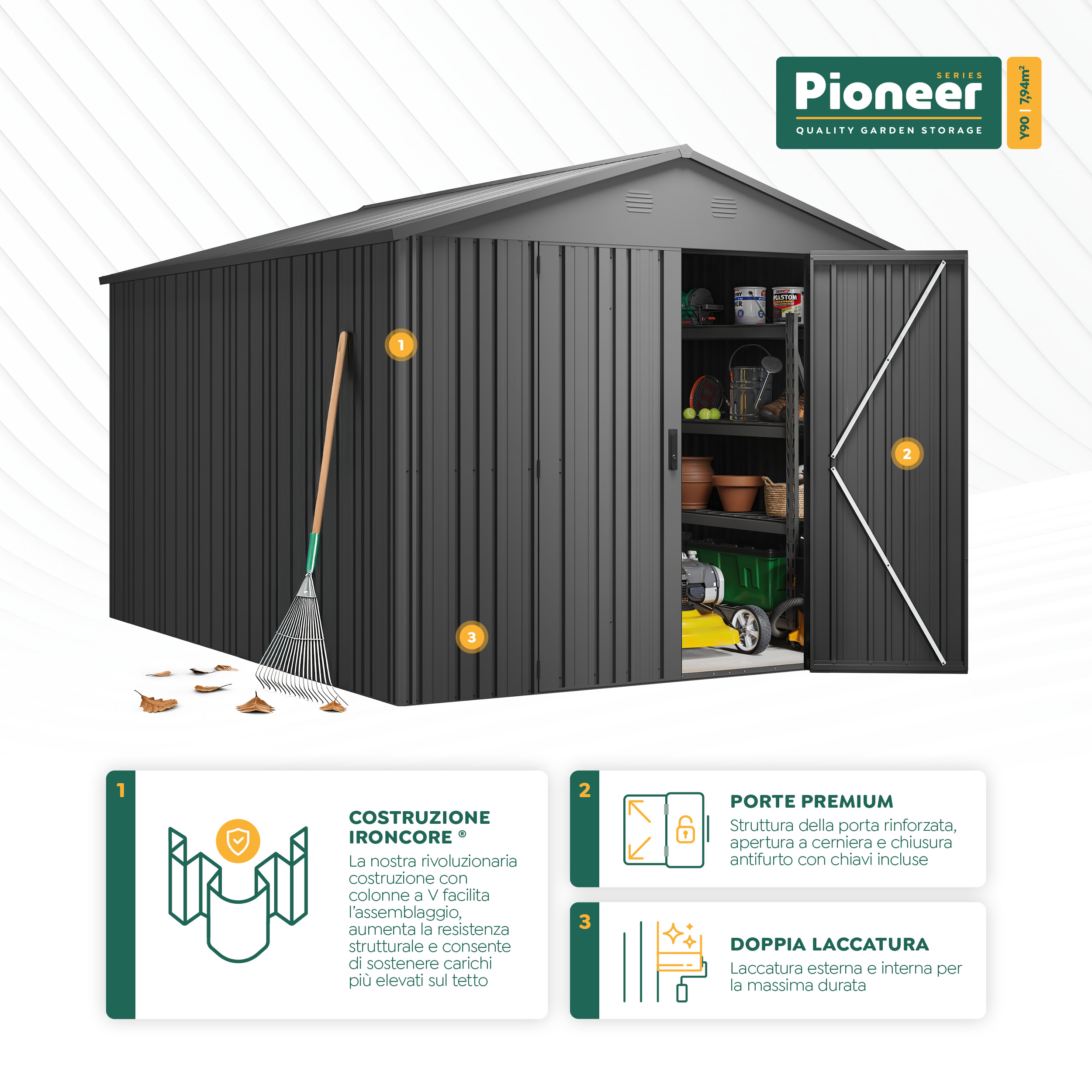 Abri de jardin métal 4,30m2 Pioneer Y50 - Structure autoportante - Portes renforcées - Serrure avec clé incluse - Piliers en V - Cabane extérieur - 9
