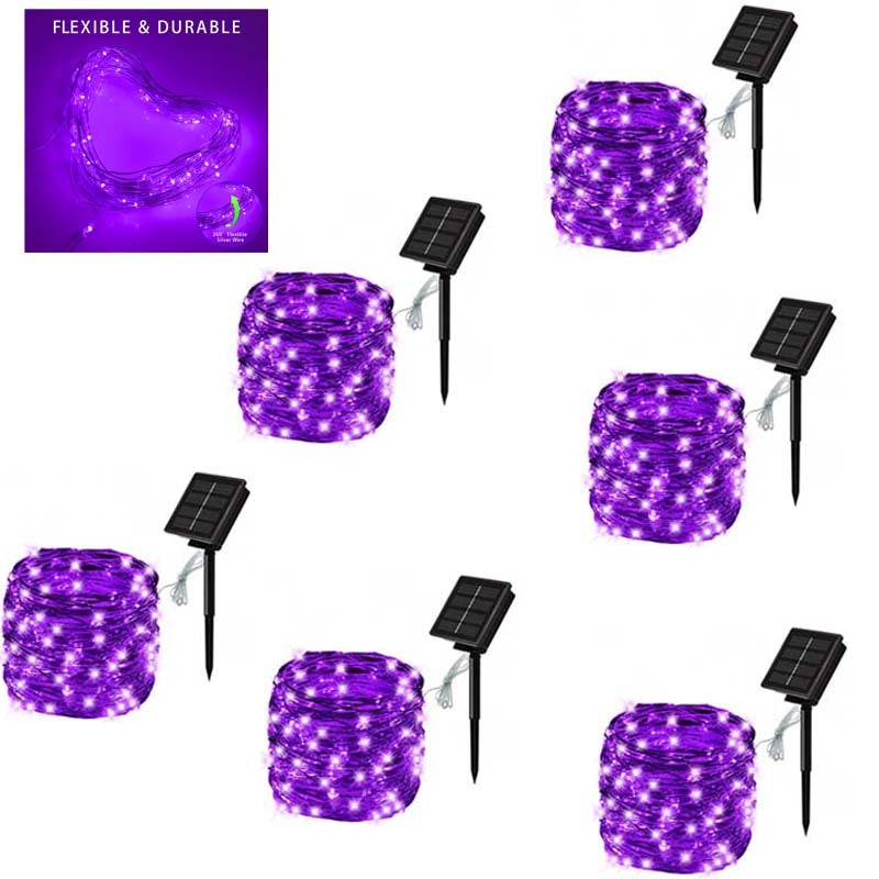 6Pcs 20m 200LED 8-mode zewnętrzne światła słoneczne girlanda lekka opaska ogrodowa drut miedziany girlanda świąteczna wróżka światło fioletowe światło