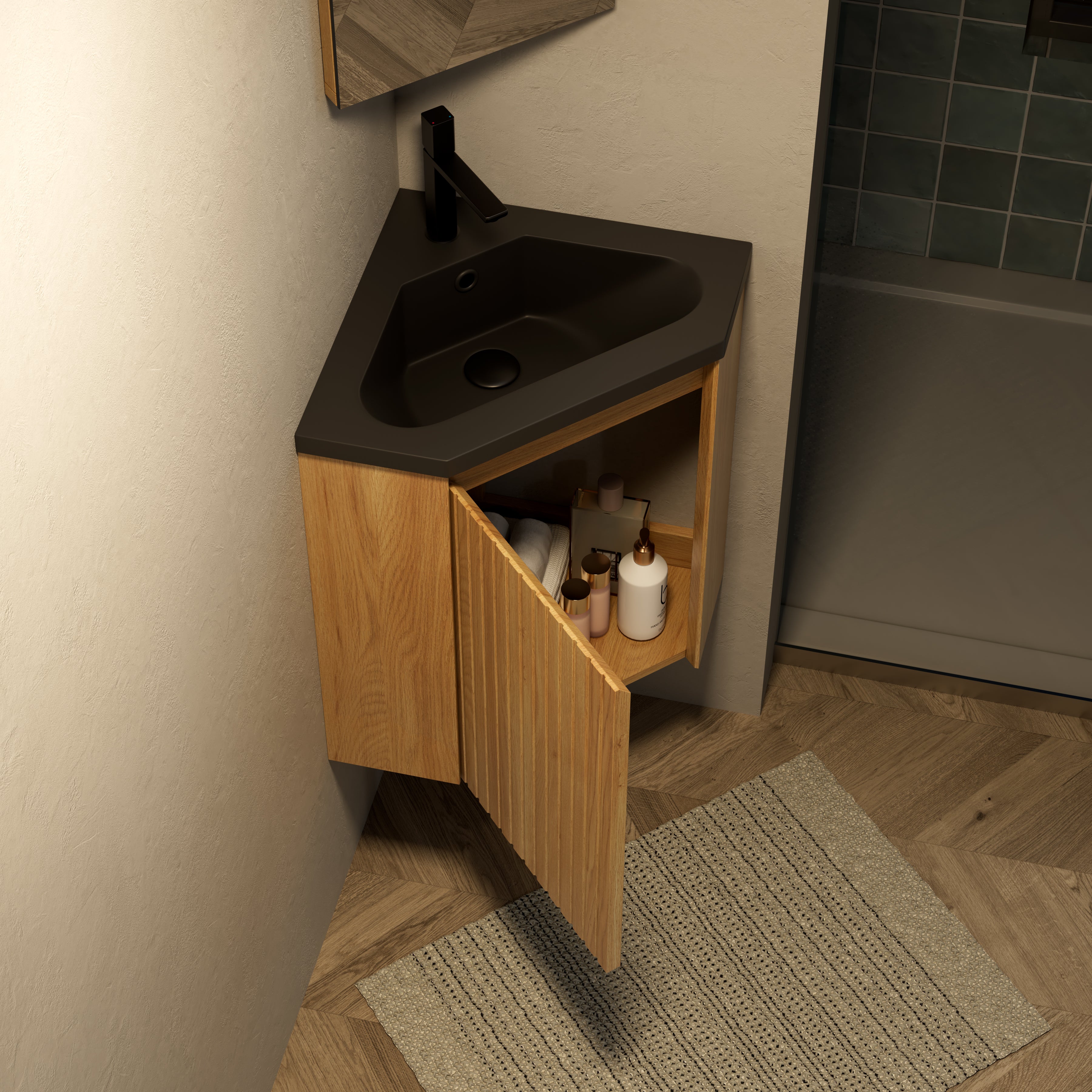 Meuble vasque d’angle suspendu 38 cm avec vasque intégrée en résine noire mate, armoire triangulaire à une porte, finition bois naturel - 6
