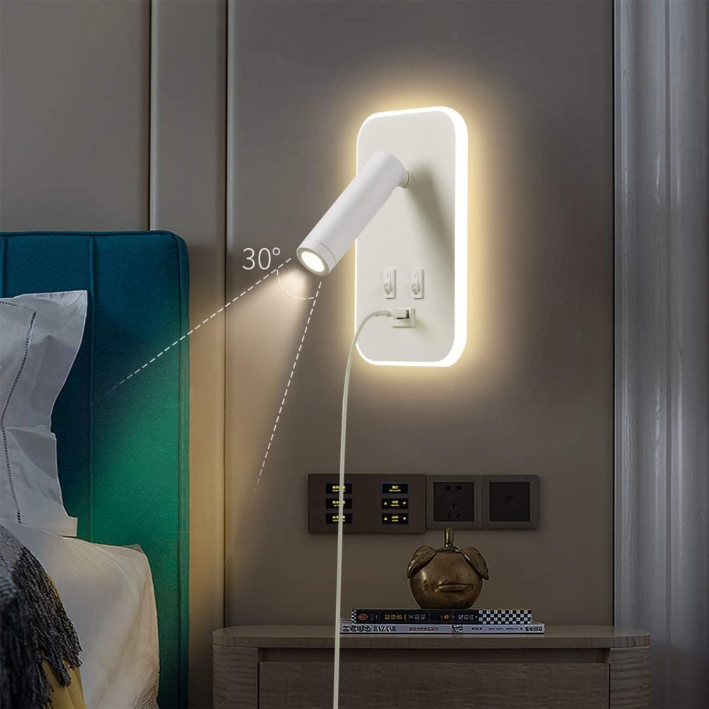 Biała lampa ścienna LED – lampka nocna do czytania z włącznikiem – port ładowania USB – ciepłe światło – regulowany reflektor tworzący nastrój w sypia - 3