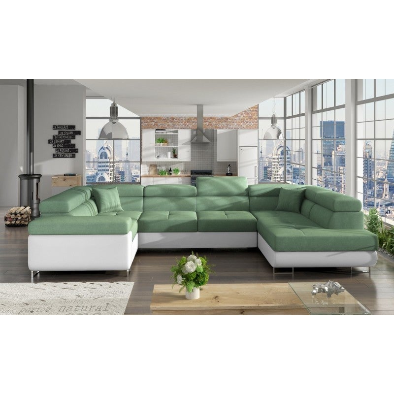 Tovy Sofá convertible recto U de tela verde y polipiel blanca con contenedor ...