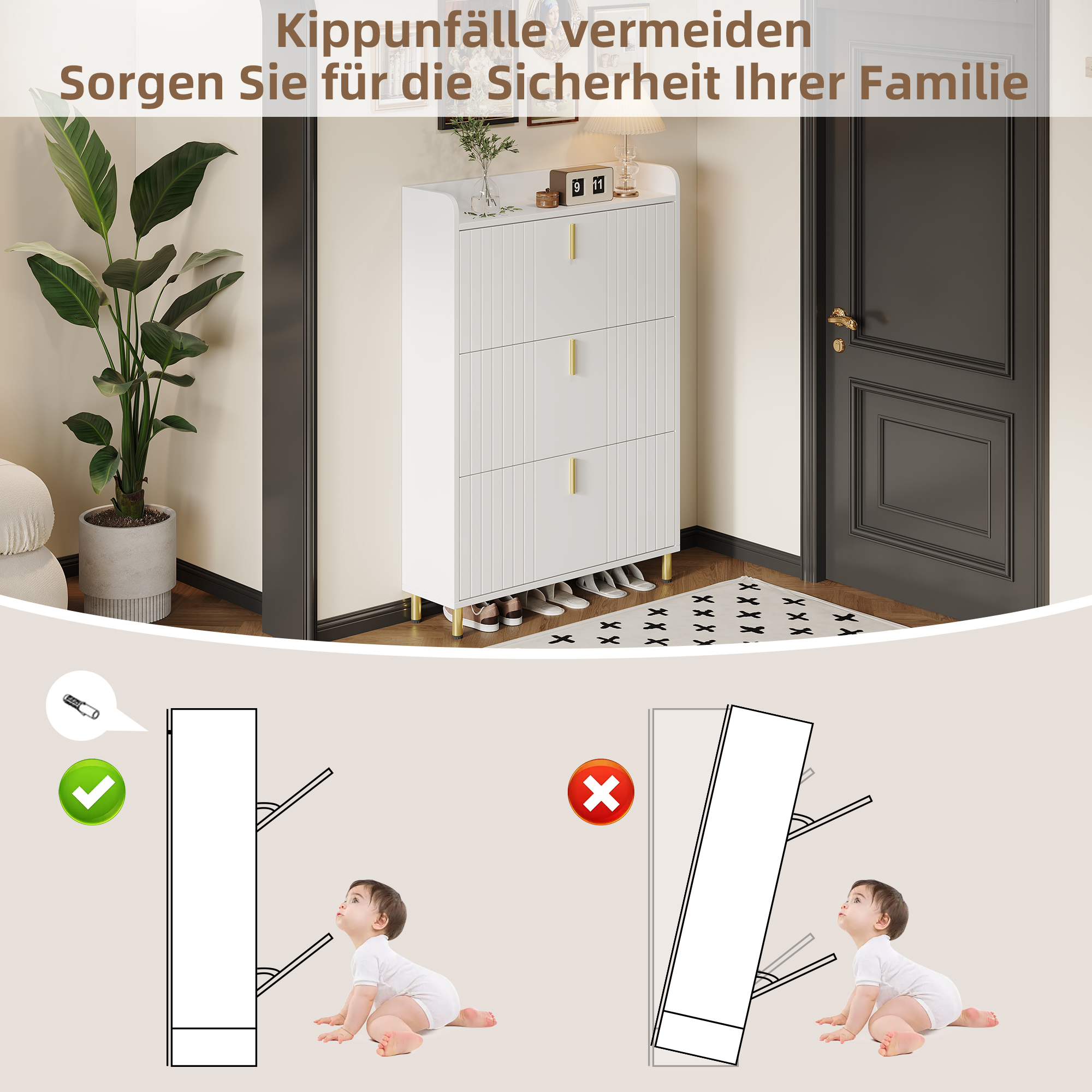 Meuble à chaussures avec 3 compartiments - 80 x 23.5 x 123.5 cm - Dispositif anti-basculement - MDF - Blanc - 5