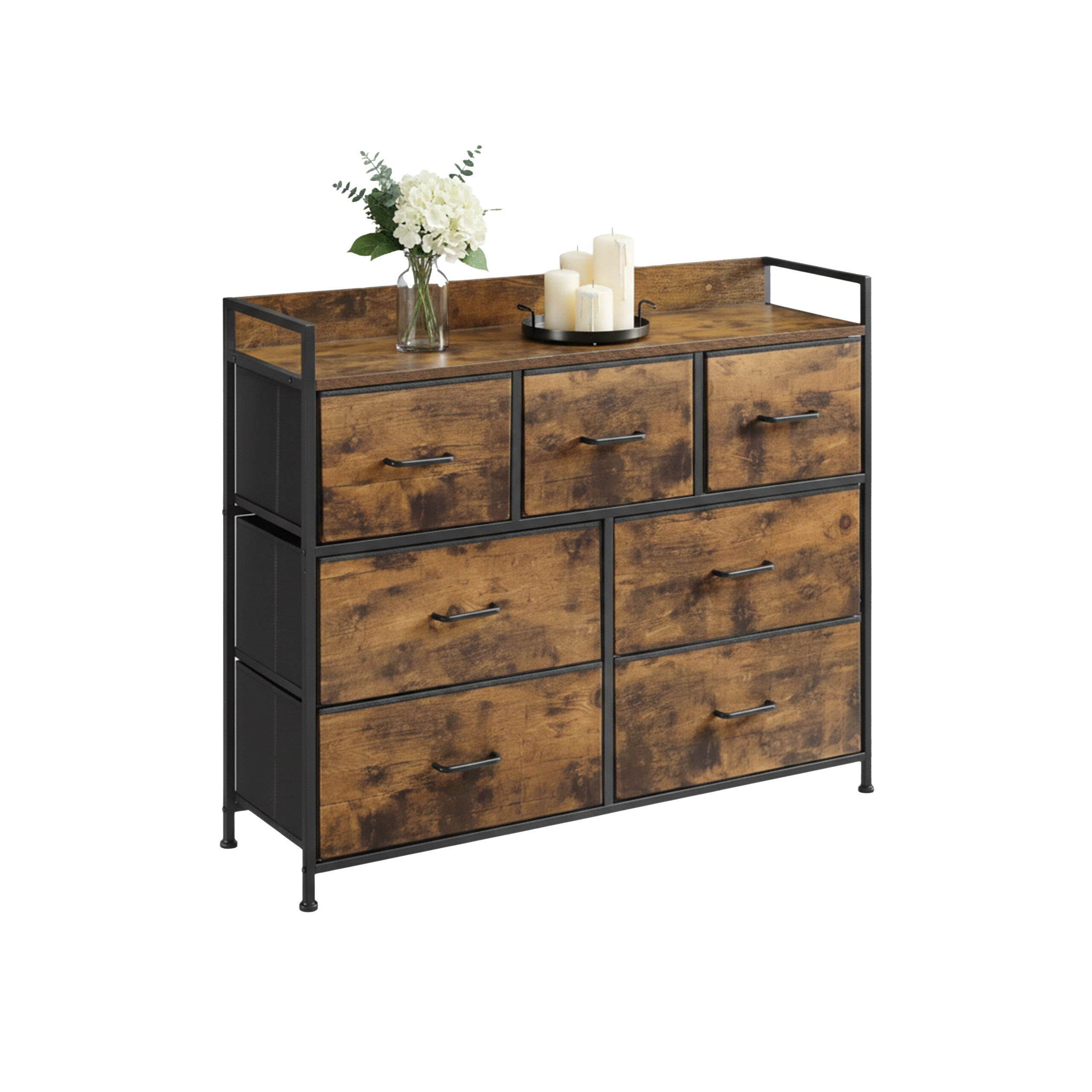 Commode 7 Tiroirs, Meuble De Rangement Pour Chambre, Acier, Panneau Mdf, Tissu Non-tissé, Pour Couloir, Entrée, Salon, Blanc Nuage Et Blanc Neige