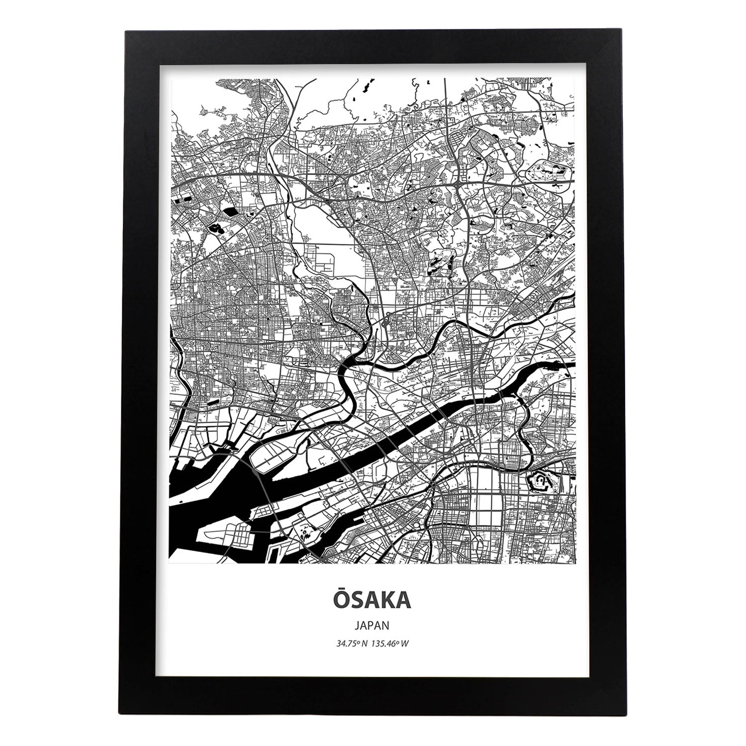 Poster con mapa de osaka japon. láminas de ciudades de asia con mares y rios en color negro. sin marco - a3