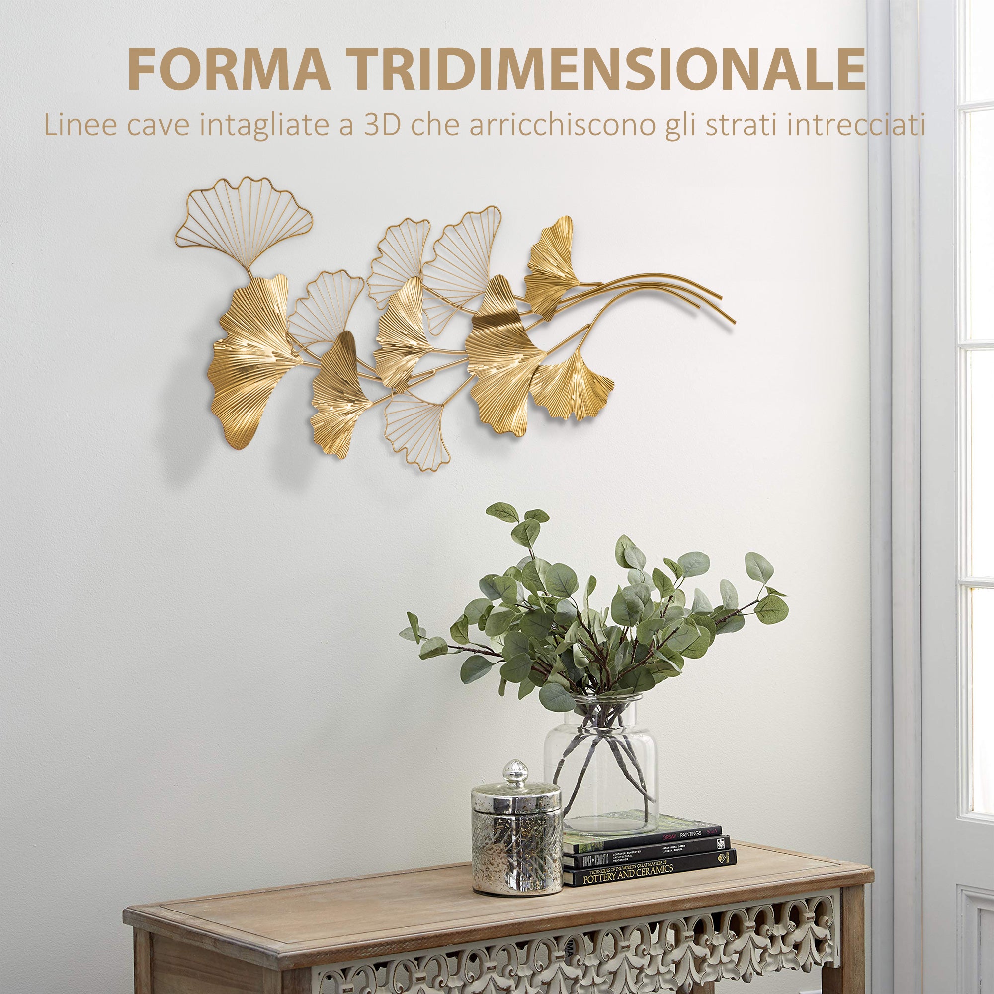 HOMCOM Decorazione Murale 3D in Metallo, Wall Art Dorata con Foglie di Ginkgo 138x70cm - 4