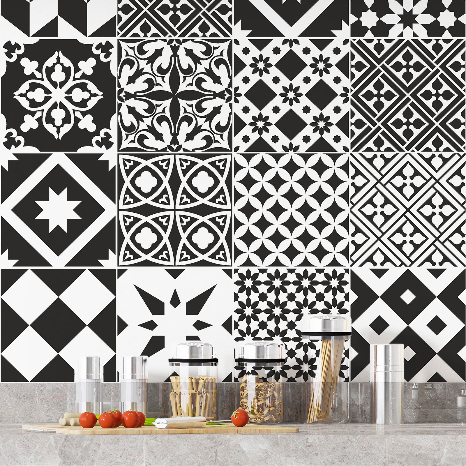 Crédence adhésive sticker décoratif pour cuisine - Effet carreaux de ciment - Adhésif + Protection MATE - 60x60 cm - 4