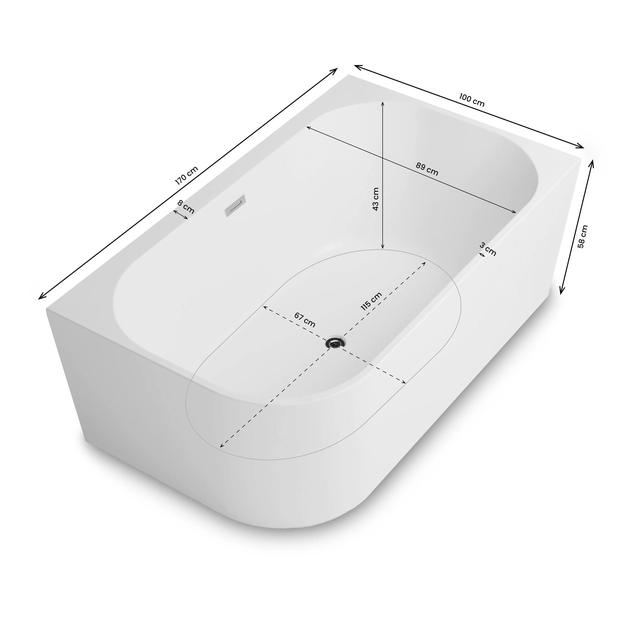 Baignoire Semi-îlot Murale D'angle Capri Duo 170 Droite Blanche 170 X100 X58 Cm, By Spalina - 4