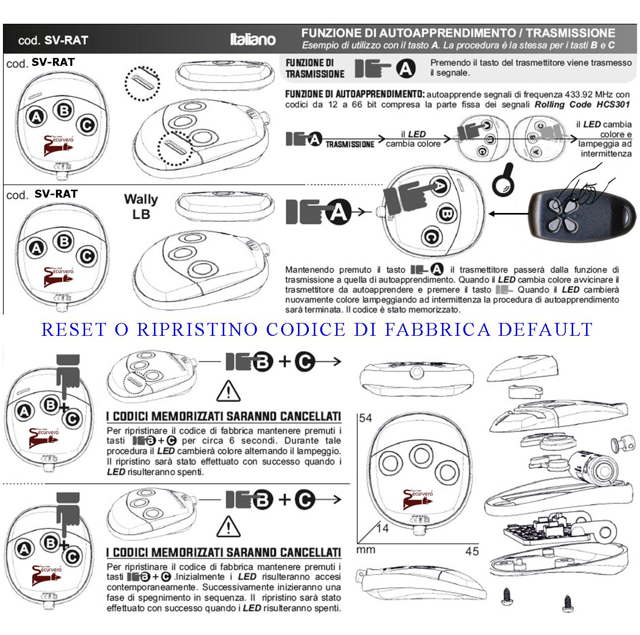 Radiocomando Autoapprendimento 3 canali Frequenza Trasmessa 433,92 MHz Potenza Trasmessa 1 mW Codifica di Sicurezza in default Securvera 66 Bit Led Se - 2