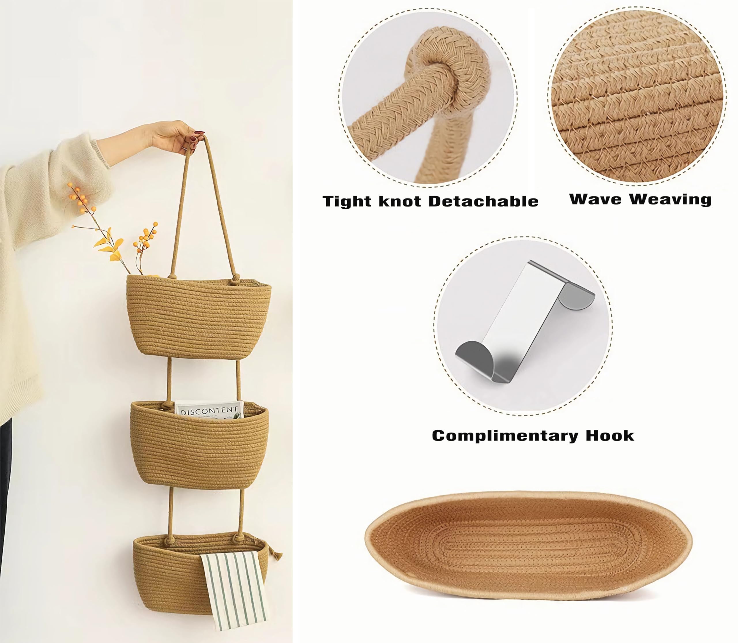 Paniers suspendus au-dessus de la porte, sac de rangement en coton tissé à 3 niveaux, paniers de cuisine décoratifs muraux pour chambre d'enfant - 5