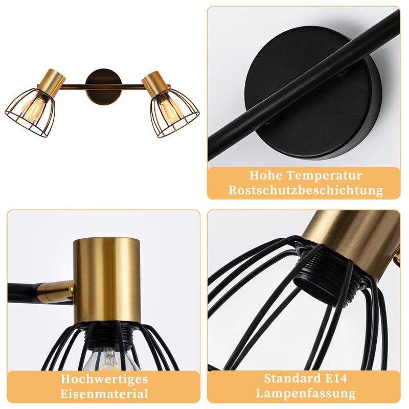 Kinkiet wewnętrzny Nettlife, lampa ścienna w stylu vintage, gniazdo E14, czarny, obrotowy o 350°, metalowy, z 2 żarówkami (żarówki nie są dołączone) - 4