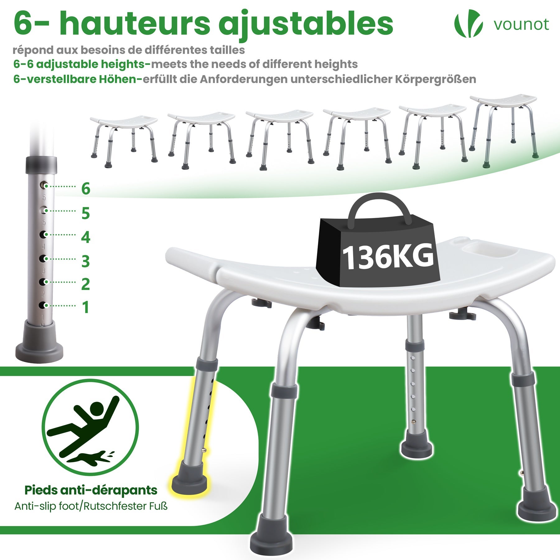 VOUNOT® Taburete de Ducha Altura Regulable 38-52 cm, Blanco - 4
