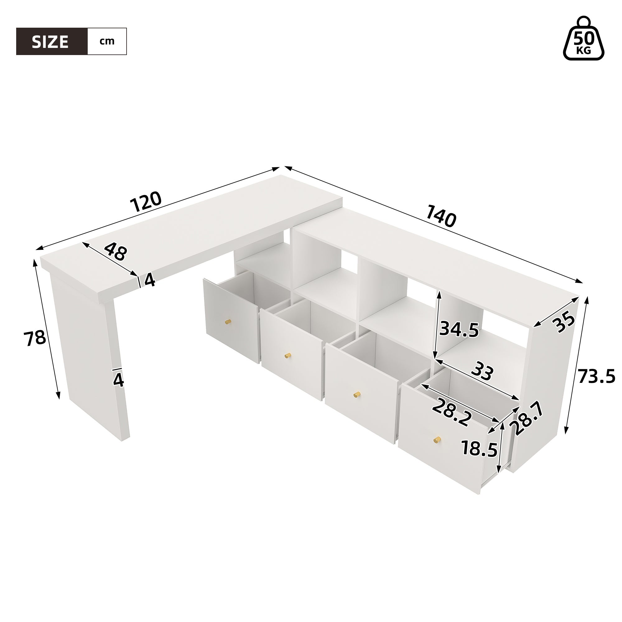 Bureau d'Angle Pivotant 360° Modulable L ou Droit, Table 120cm avec 4 Tiroirs & 4 Niches, Structure Renforcée 4cm, Flexible & Design - Blanc - 3