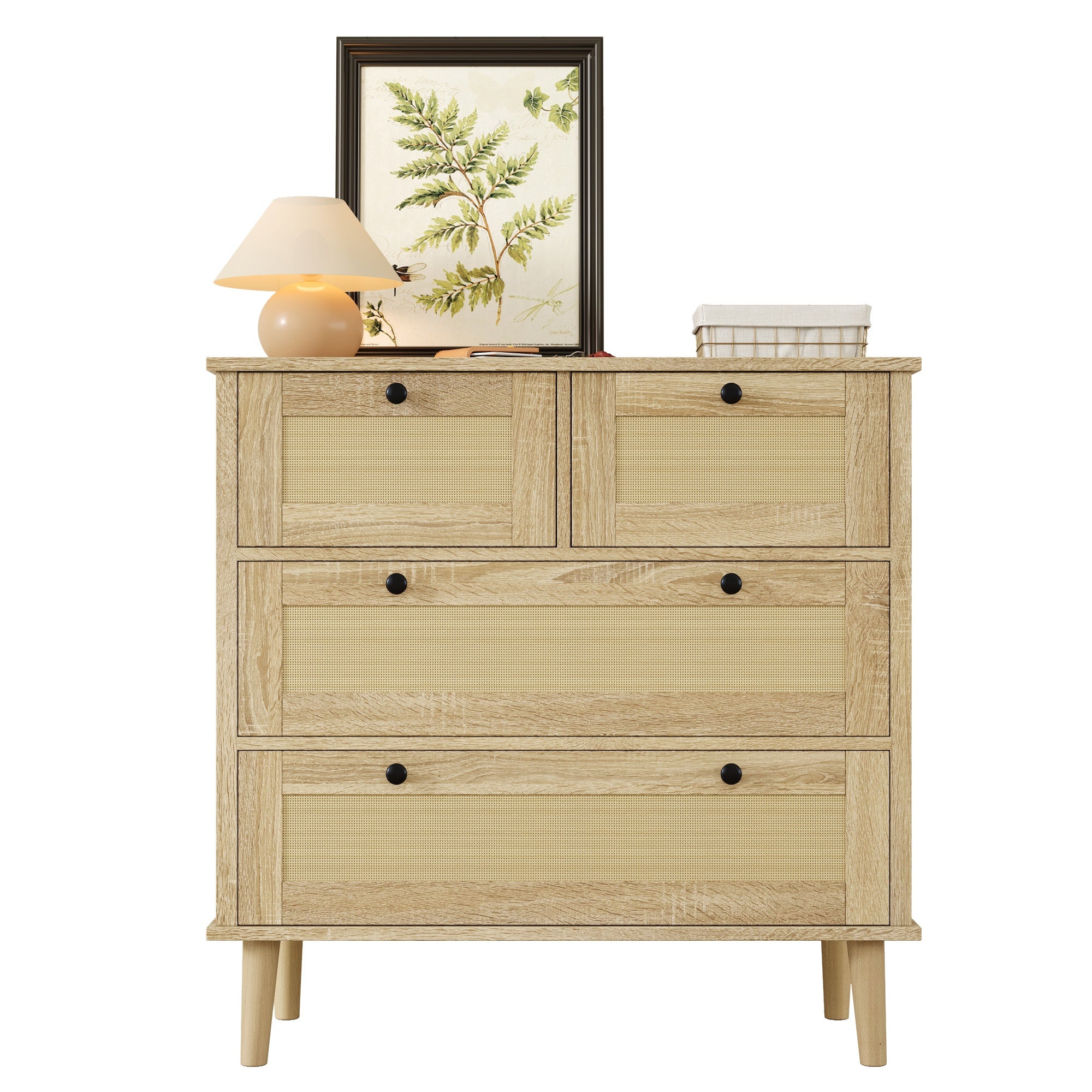 Commode avec 4 tiroirs en rotin - 80 x 40 x 80 cm - Panneaux de particules - Naturel - 2