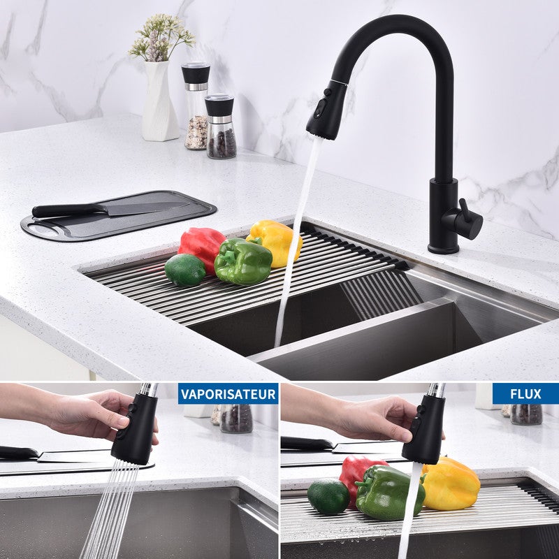Torneira de Cozinha com Duchinha Extraível Misturador de Cozinha Preto em Aço Inoxidável Torneira de Pia de Cozinha Rotativa a 360° com 3 Modos - 4