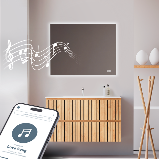 Feel Your Bath Espejo Bluetooth de Baño Rectangular, con Luz LED Regulable, 90x70cm, con Interruptor Táctil, Antivaho y Apagado Automático