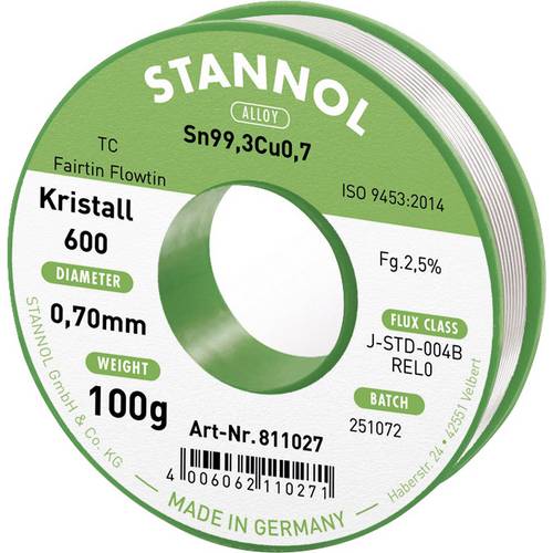 Stannol Flowtin TC Fairtin Kristall 600 | Filo Saldatura Senza Piombo Sn99.3Cu0.7, Diametro 0,7 Mm, Bobina 100 G