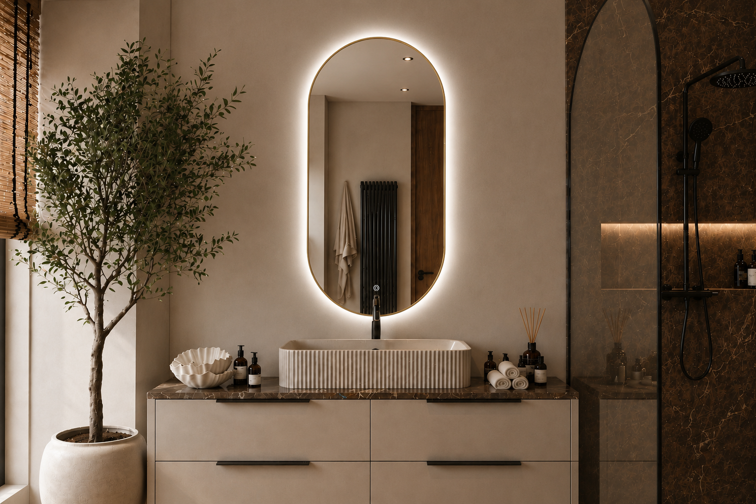 OVAL LINE LED lustro w złotej ramie 100 x 50cm z oświetleniem LED