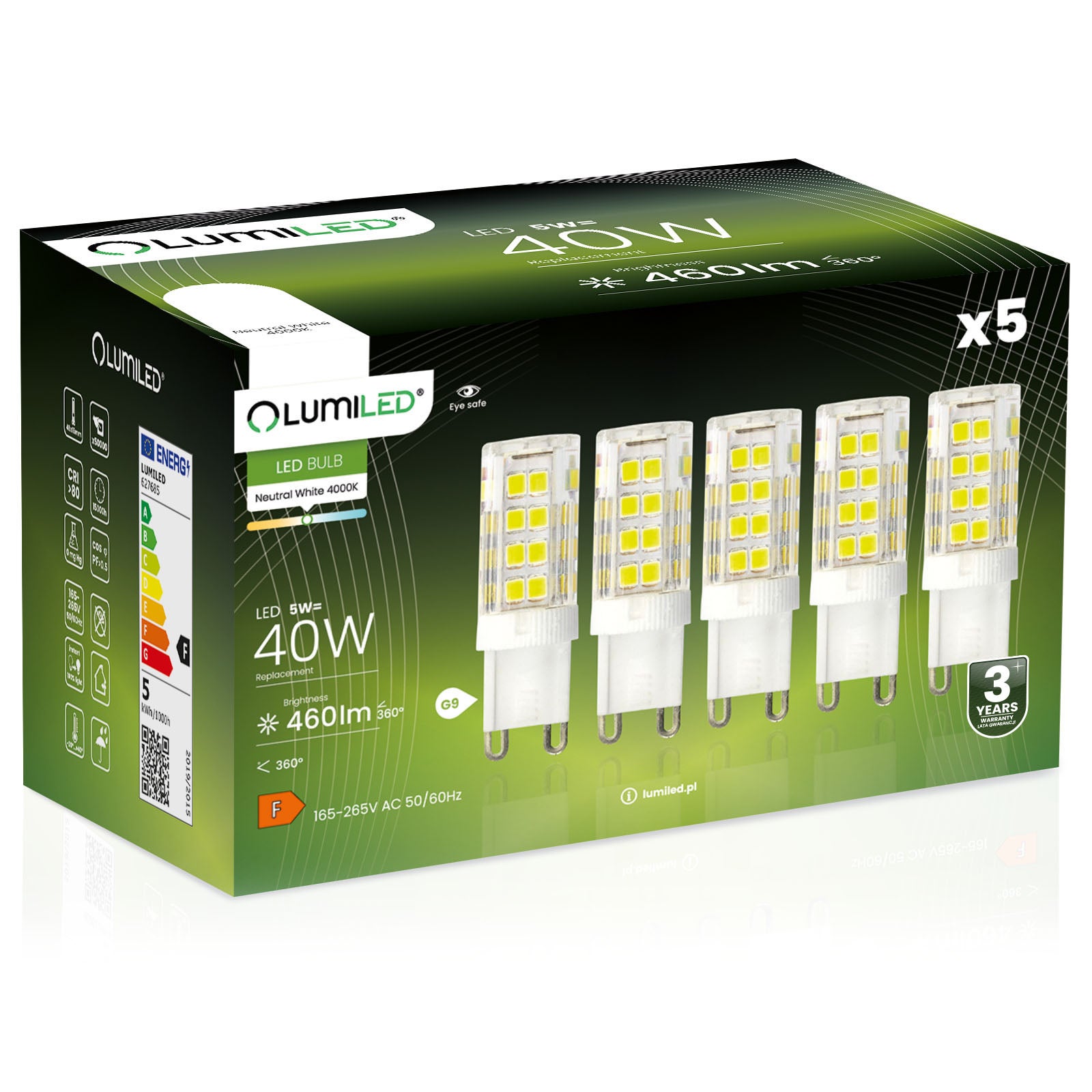 5x Żarówka Lumiled LED G9 Kapsułka 5W = 40W 460lm 4000K Neutralna 360st