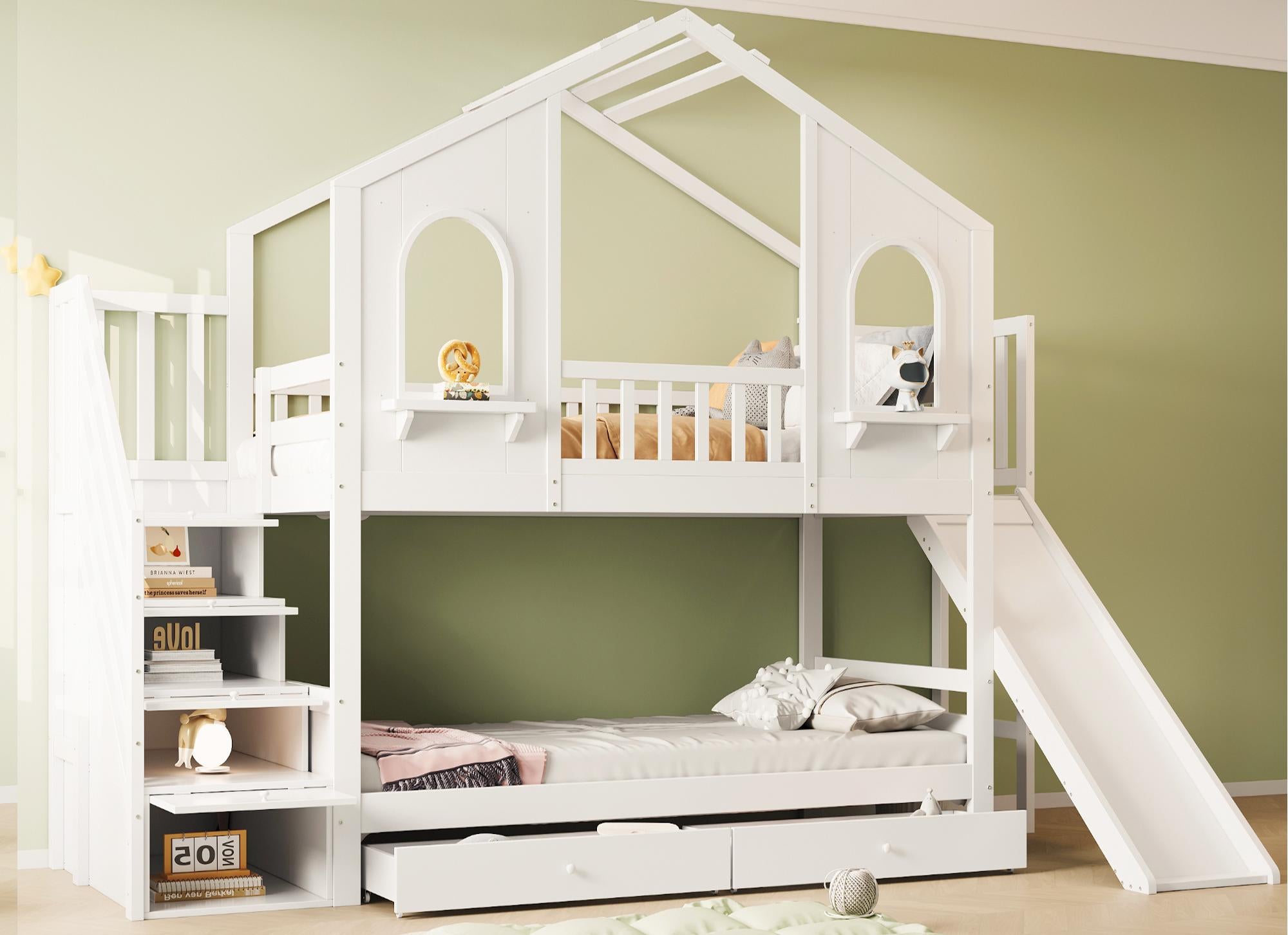 Łóżko piętrowe dziecięce 90x200 cm - Design domku - z drabinką schodkową + zjeżdżalnią - z 2 szufladami - biały (materac nie jest wliczony w cenę)