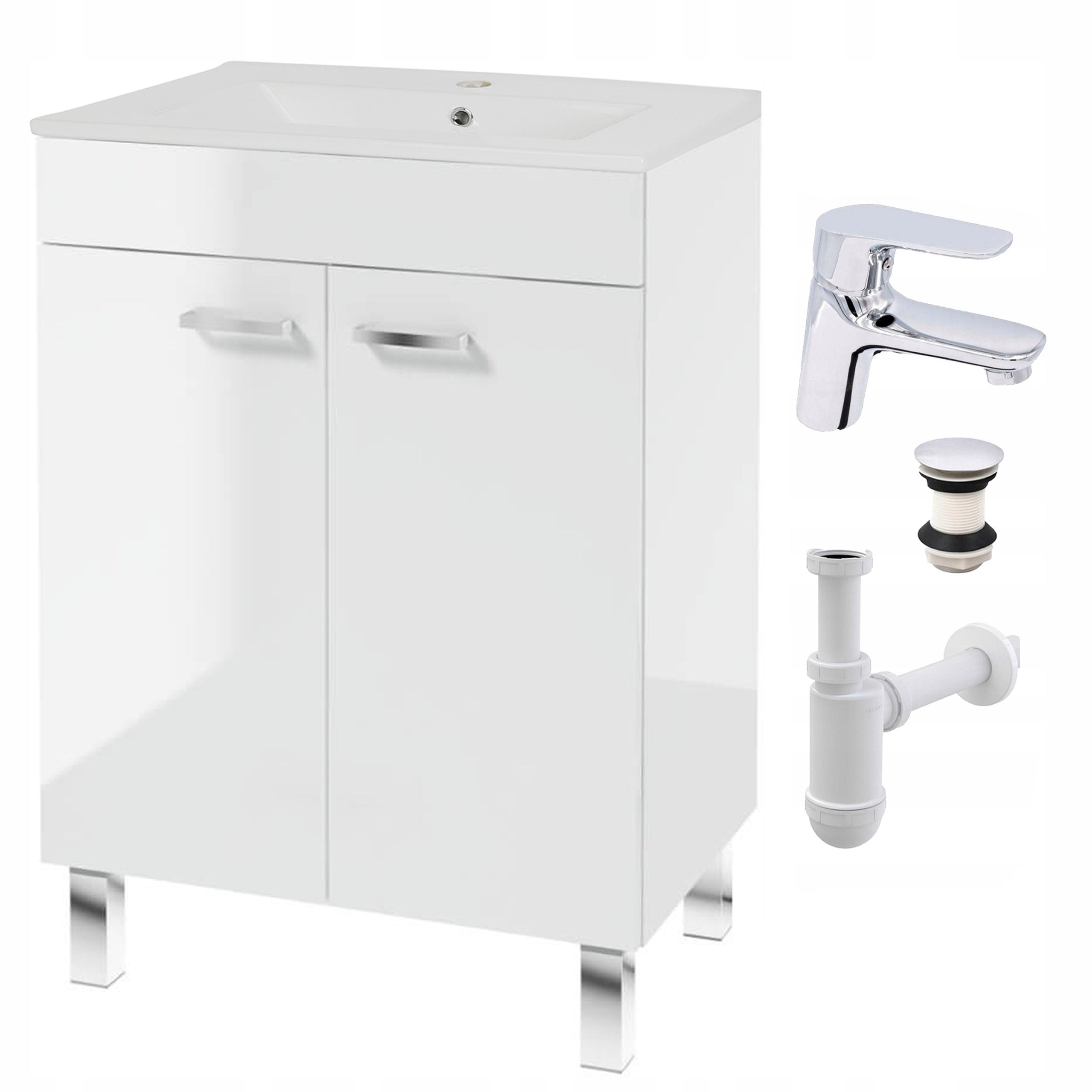 Szafka Łazienkowa Biała Stojąca 60 x 45 Umywalka Połysk Półka Bateria Chrom