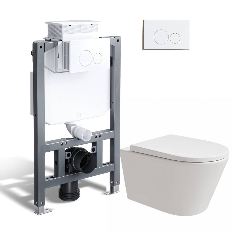 HOROW Kompletny zestaw toaletowy podwieszany - Biała Toaleta wisząca bezramowa, toaleta jednootworowa + Wspornik do toalety + biała płytka spłukująca