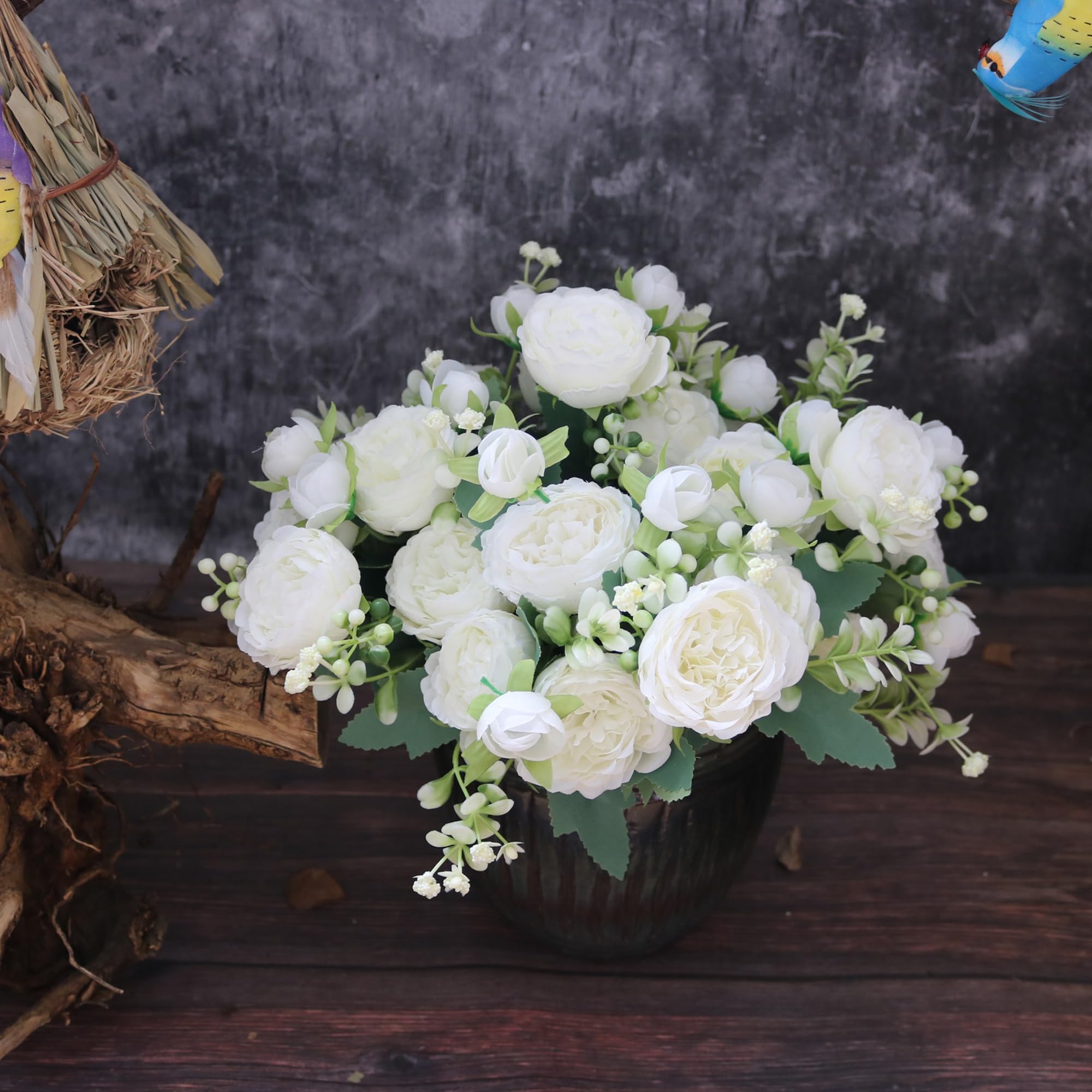 2 Bouquets Fleurs artificielles en Soie Pivoine Artificielle Fausse Fleur pour Mariage Parti Accueil Cuisine Décor, Blanc - 5