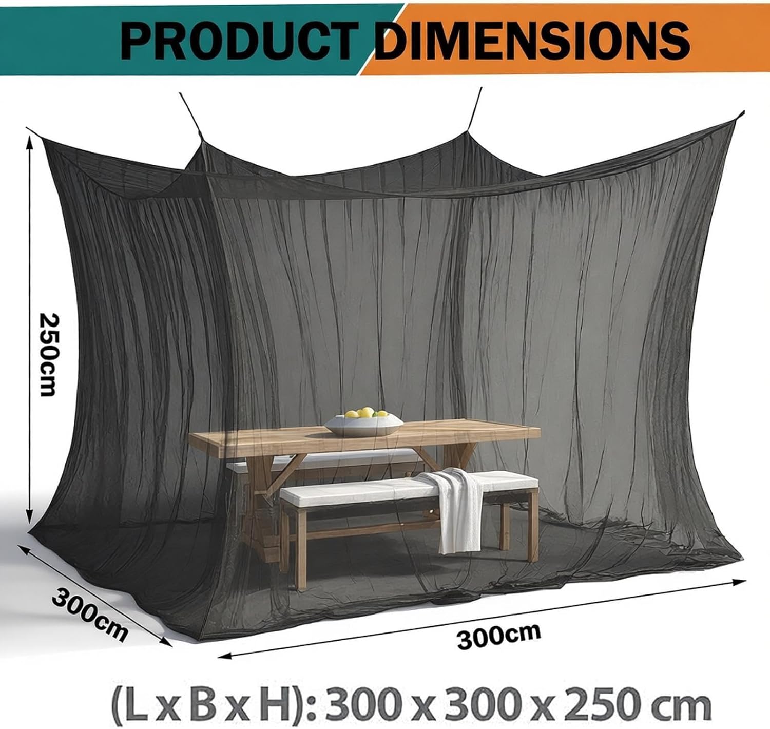 Moustiquaire d'extérieur — Maille ultra-fine — Idéale pour terrasses et camping — Cordes incluses (Noir, 1 personne : 300 x 300 x 250 cm) - 2