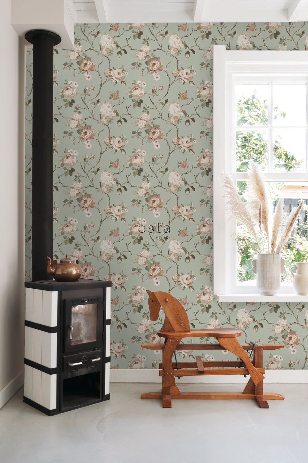 Papel de parede flores vintage verde menta acinzentadoerosa suave - 53 cm x 10.05 m - ESTAhome - 4