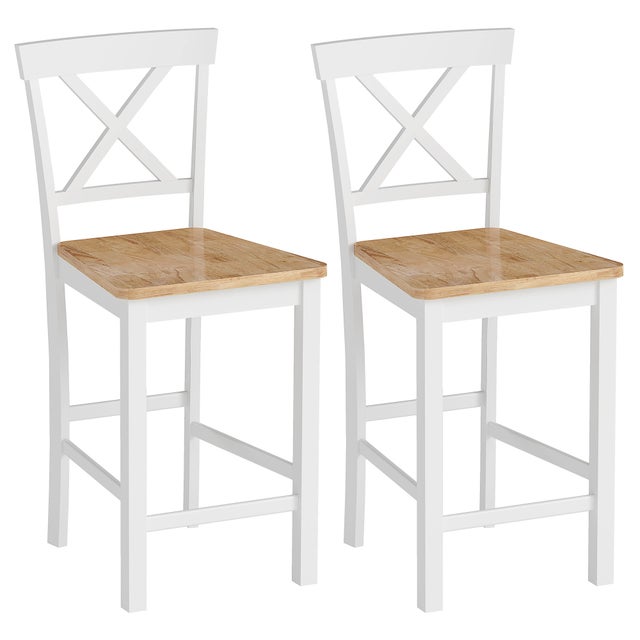 Lot de 2 tabourets de bar avec dossier et repose-pieds en bois d'hévéa, chêne effet blanc
