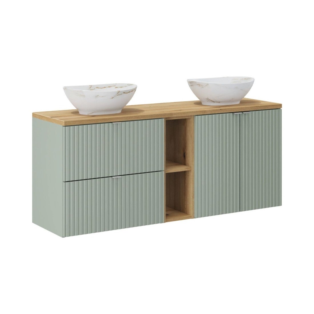 Conjunto elvina 140cm: muebles bajo lavabo con nichos visibles con cajones y armarios + encimera para lavabo + dos lavabos sobre encimera