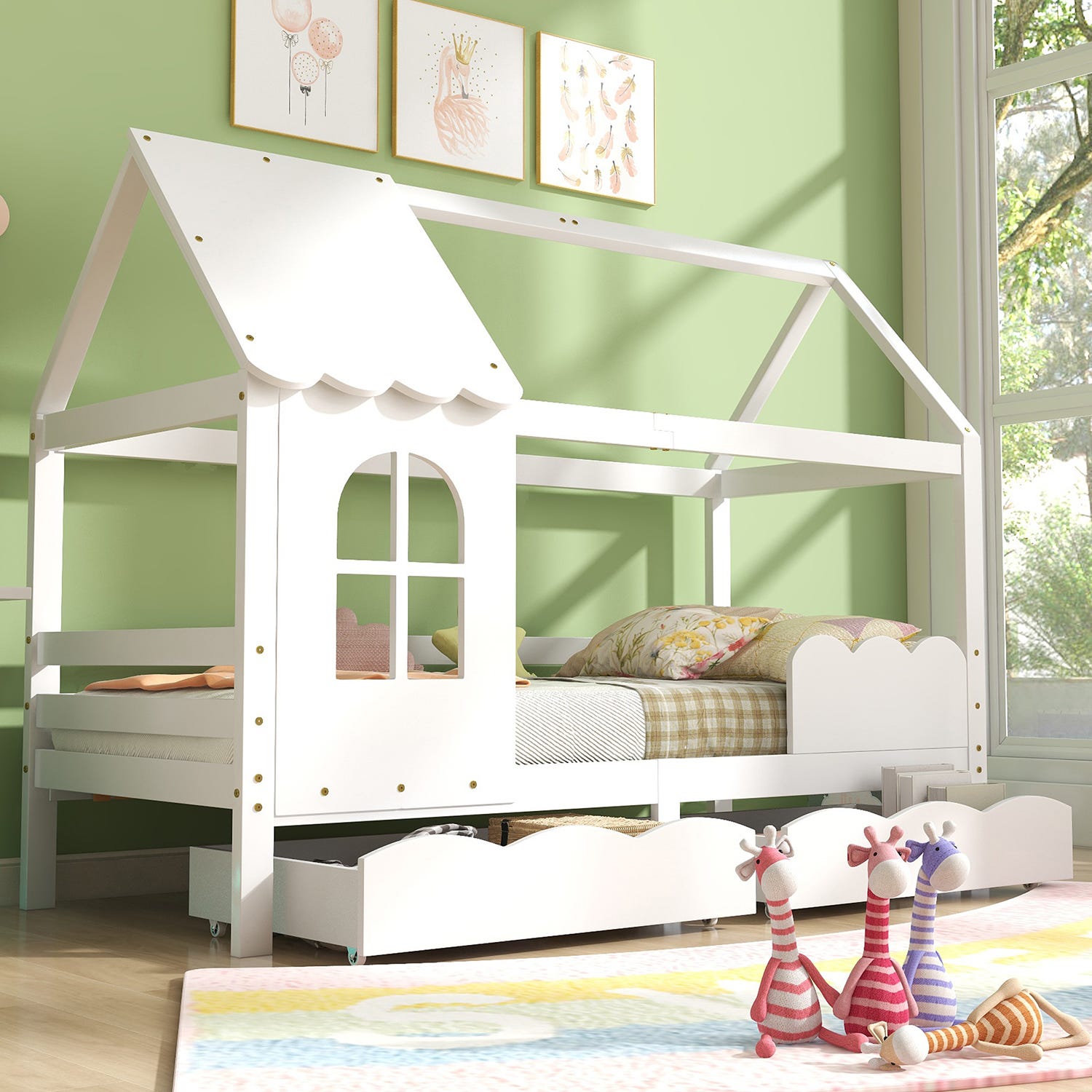 Lit Cabane Bébé/enfant 90x200 Cm En Bois Blanc - Avec Barrières De Sécurité - Sommier à Lattes - Capacité 120 Kg
