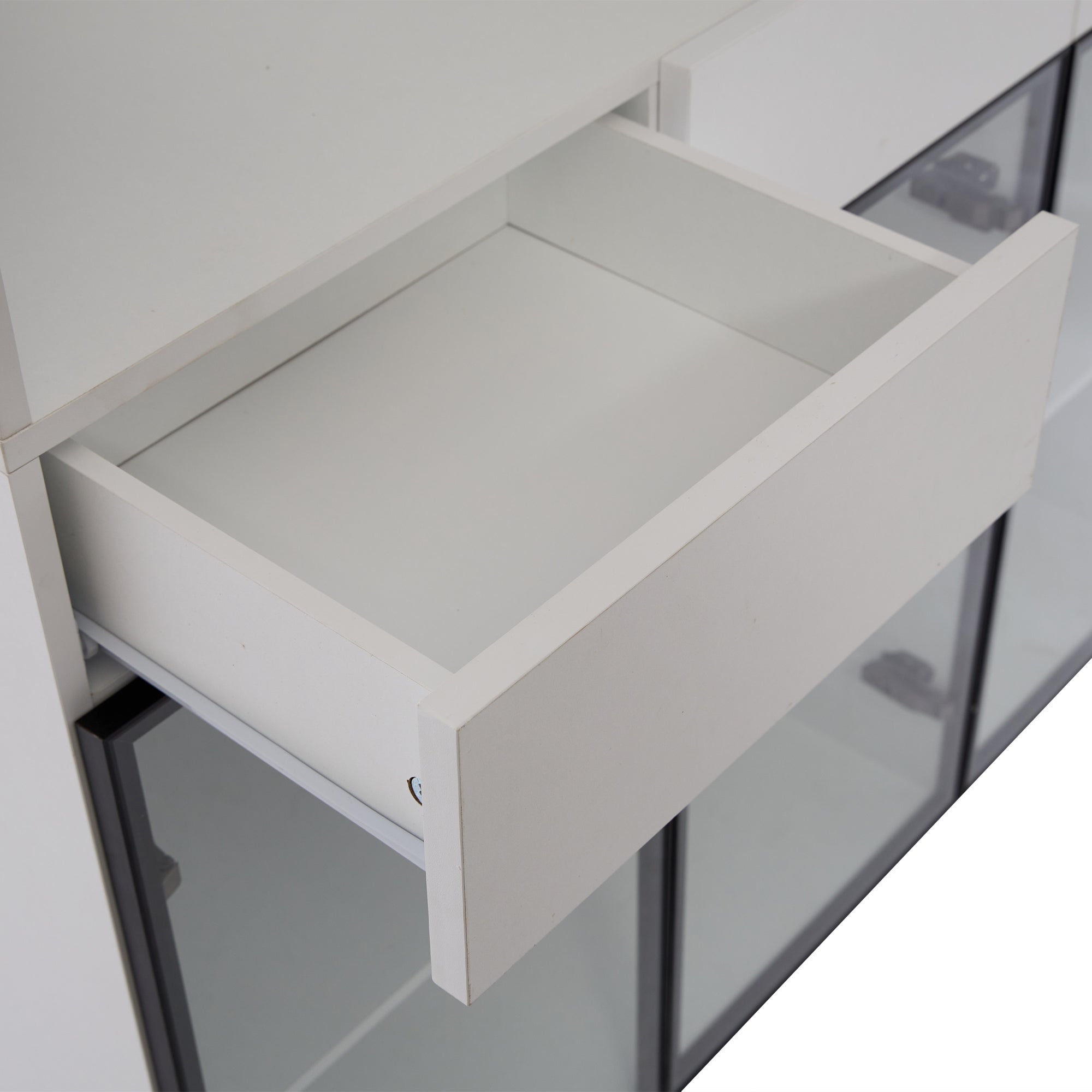 Vitrine avec 12 portes en verre et 6 tiroirs - 240 x 36 x 200 cm - LEDs - Panneaux de particules - Blanc - 8