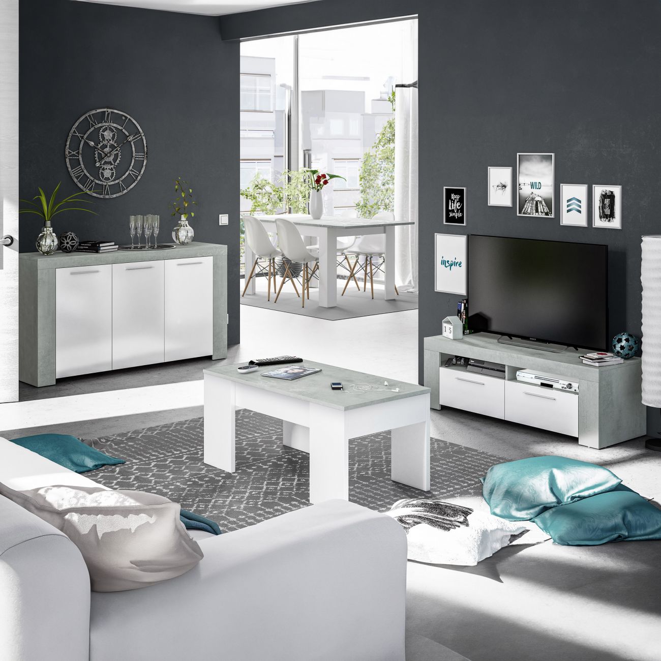 Meuble TV WENDY 2 portes et 2 niches de rangement L120cm - Blanc / Béton - 5